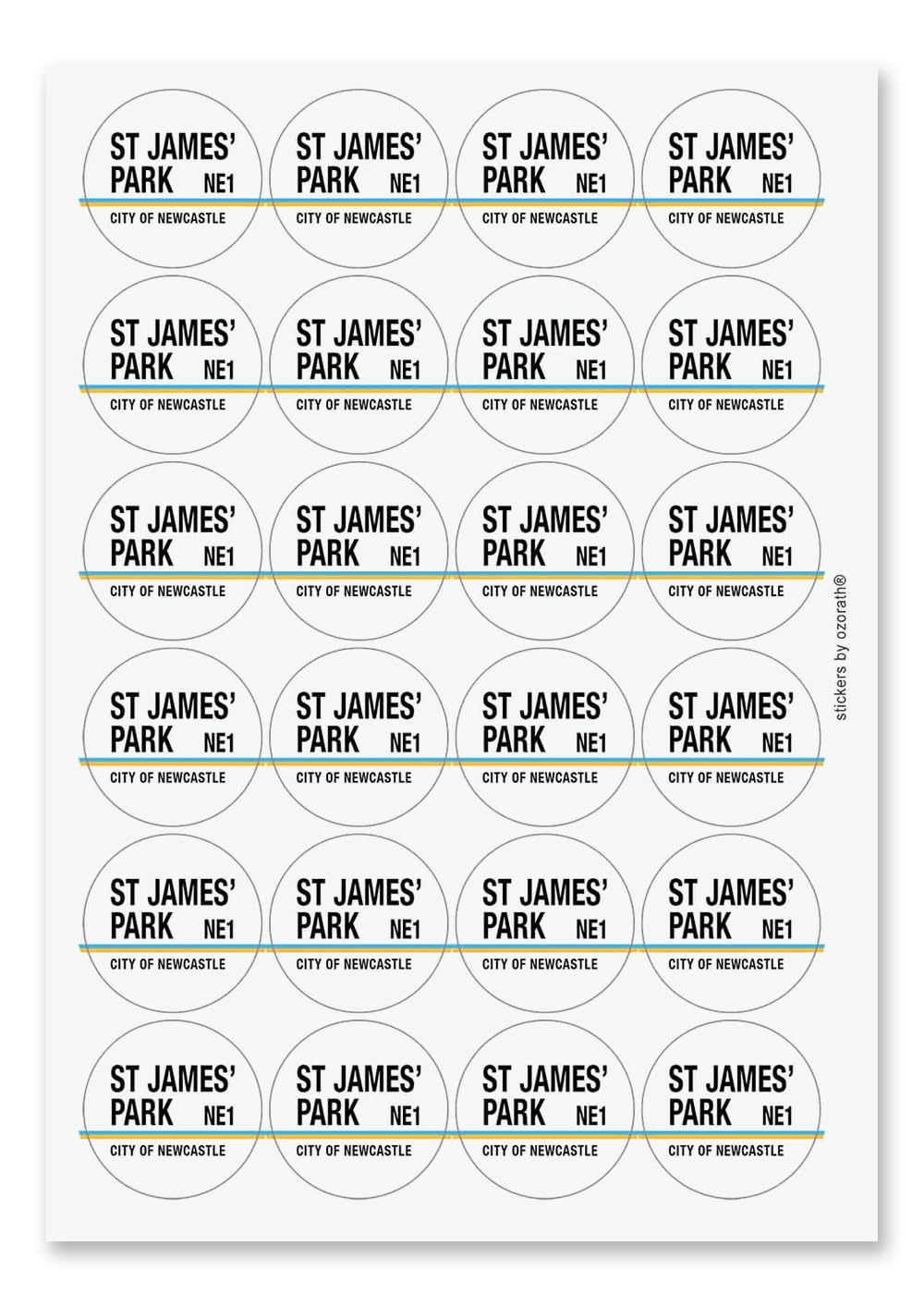 St James Park NE1 Newcastle Road Sign Circular Matt Paper Stickers A4 Sheet of 24 (Each Sticker is 45mm Diameter)