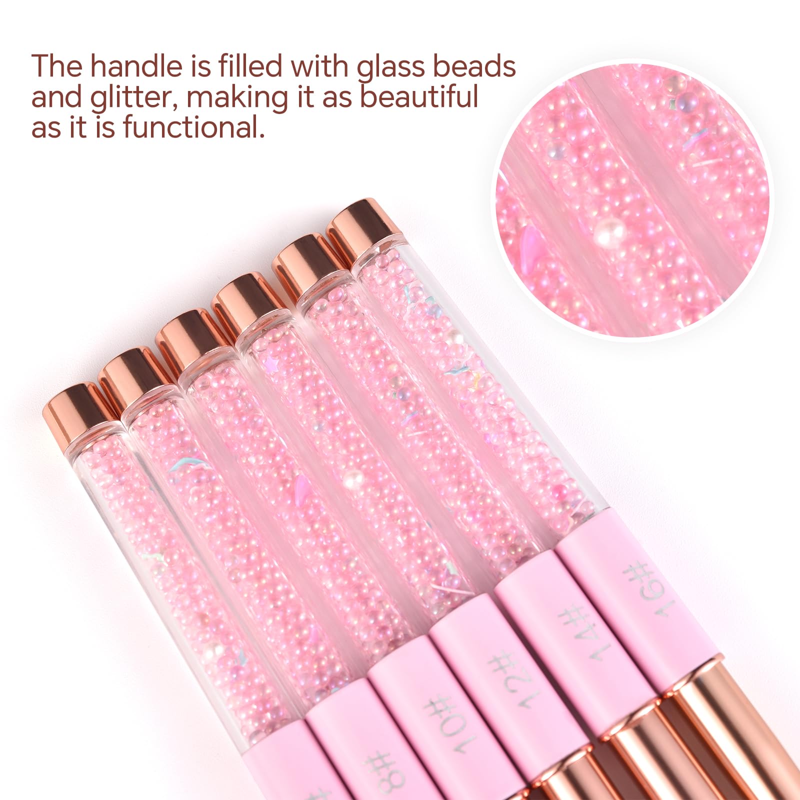 Kolinsky - Pennello per unghie in acrilico, setole per capelli, forma ovale, per applicazione acrilica, extension e intaglio 3D, con manico in perline rosa, per manicure a casa e salone