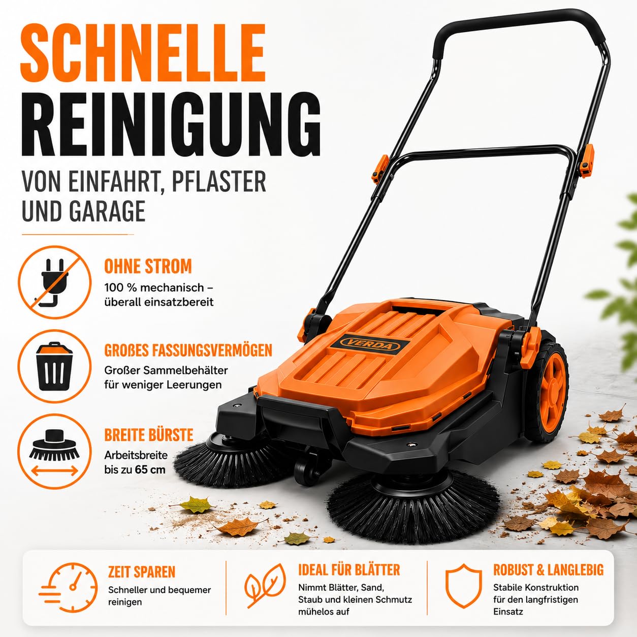 Verda Spazzatrice manuale, potenza di spazzatura 2.400 m²/h, larghezza di spazzatura 65 cm, contenitore da 20 l, scopa manuale, impugnatura morbida, spazzatrice per pavimenti, vialetti, terrazze e
