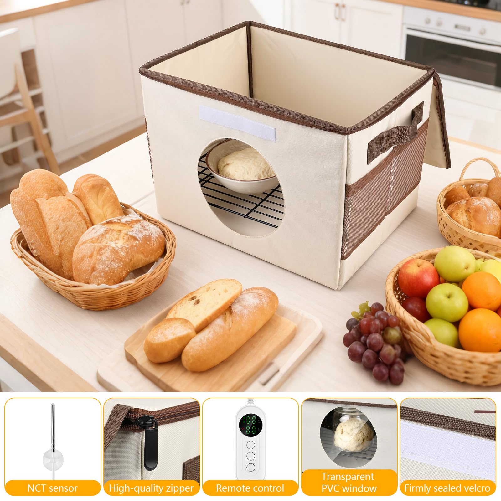 Brot Gärbox Sauerteig, Faltbare Gärbox mit Thermostat & 24h-Timer, Teiggärbox mit Metallregal, Gärschrank für Zuhause, Brot, PizzaJoghurt, Reiswein, 40x30x28cm