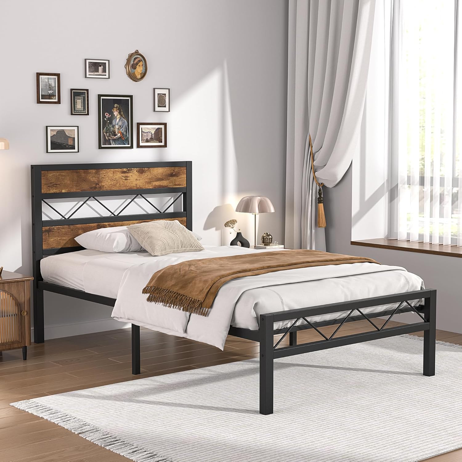 VECELO Cadre de Lit 90 x 190cm, avec Tête en Bois, Sommier Plateforme en Métal, avec Support à Lattes Solides et Espace de Rangement, Assemblage Facile, Marron Rustique