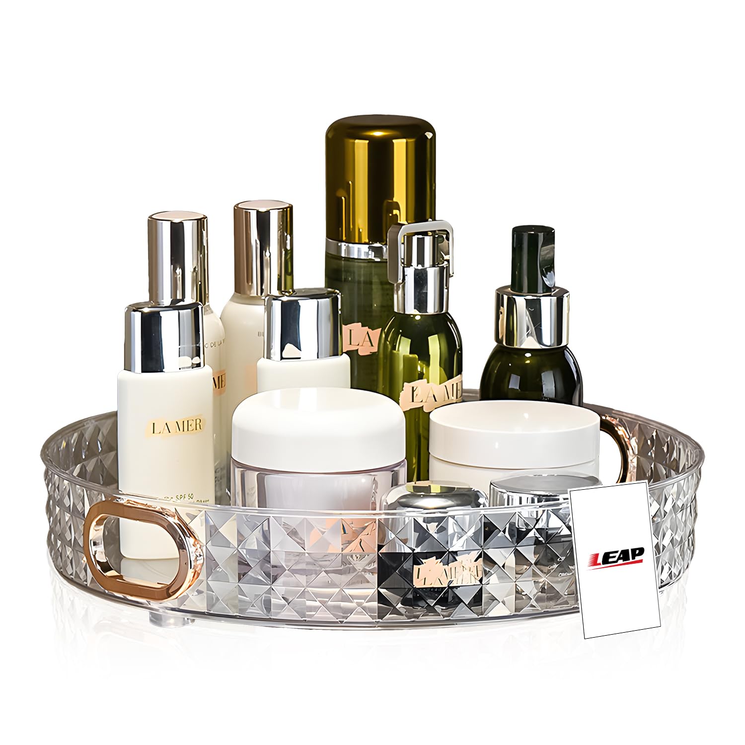 LEAP Rotating Kitchen Rack, Makeup Organizer Lazy Susan - Easy Reach, 360° Rotation, Durable PVC & Stainless Steel- for Bedroom, Bathroom, Living Room, Kitchen Storage (White- 27.5x5.5x26cm)