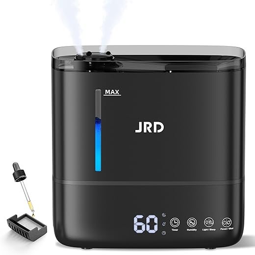 JRD Humidifiers for Bedroom, Top Fill 4L Cool Mist Humidifiers for Large Room, 40H Runtime, 360° Nozzle, Essential Oil Diffuser, Ultrasonic Humidifier for Home,Baby Nursery and Plants(Black)
