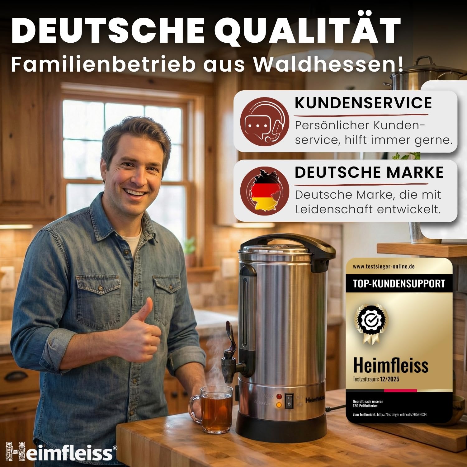 Heimfleiss® Glühweinkocher 10L aus Edelstahl 1500W | Heißwasserspender mit Zapfhahn, Thermostat & Überhitzungsschutz | Heißgetränkeautomat für Glühwein & Punsch | Einkochautomat Glühweintopf mit Hahn