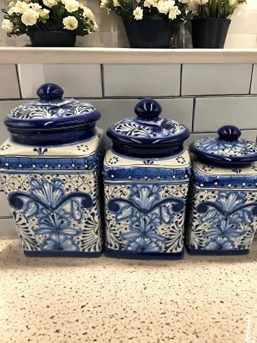Miniatura 2 de Botes de Talavera XL hechos a mano en azul y blanco, juego de arte popular de 3 piezas  Auténtico almacenamiento de cocina de cerámica mexicana