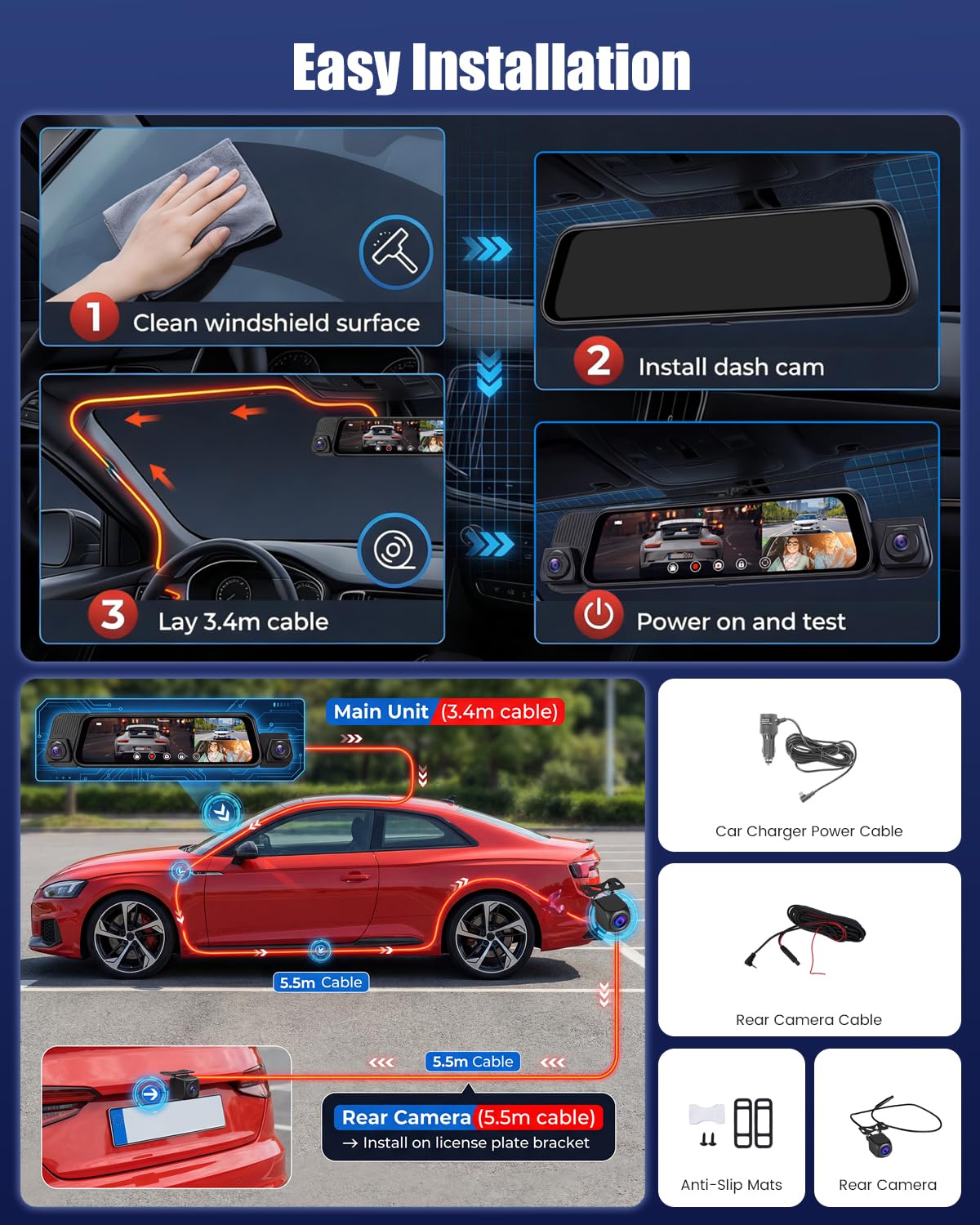 Dashcam a 4 Canali con Specchietto Retrovisore da 1080P e Telecamera Posteriore, con WiFi, Touchscreen IPS da 9,7", Registrazione in Loop, Visione Notturna IR e Sensore G,Scheda da 64 GB in Omaggio