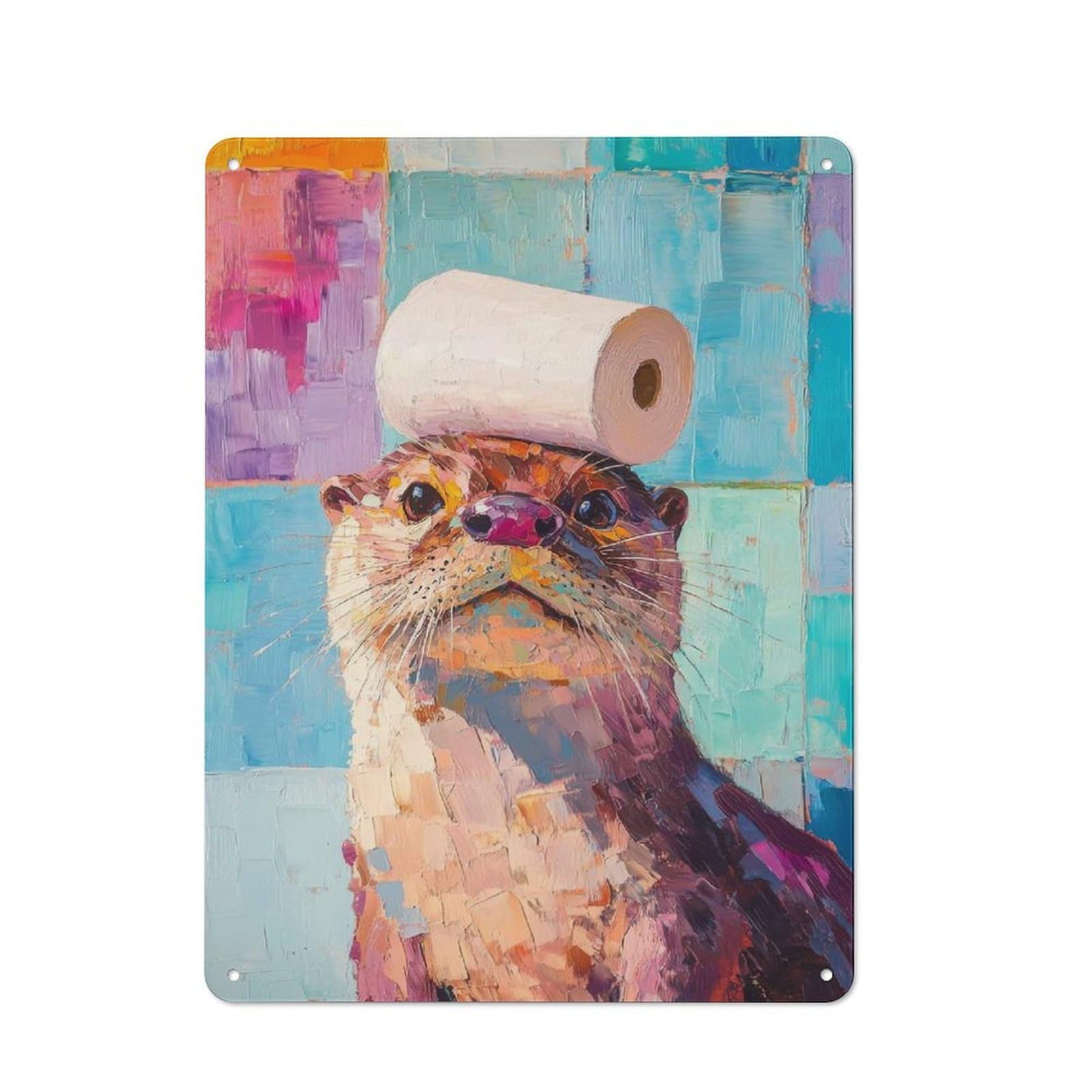 Junmoney Otter With Toilet Paper Cottage Style Metal Wall Decor 40X30cm, Farmhouse Metal Sign For Farmhouse Kitchen, Pantry Or Dining Area