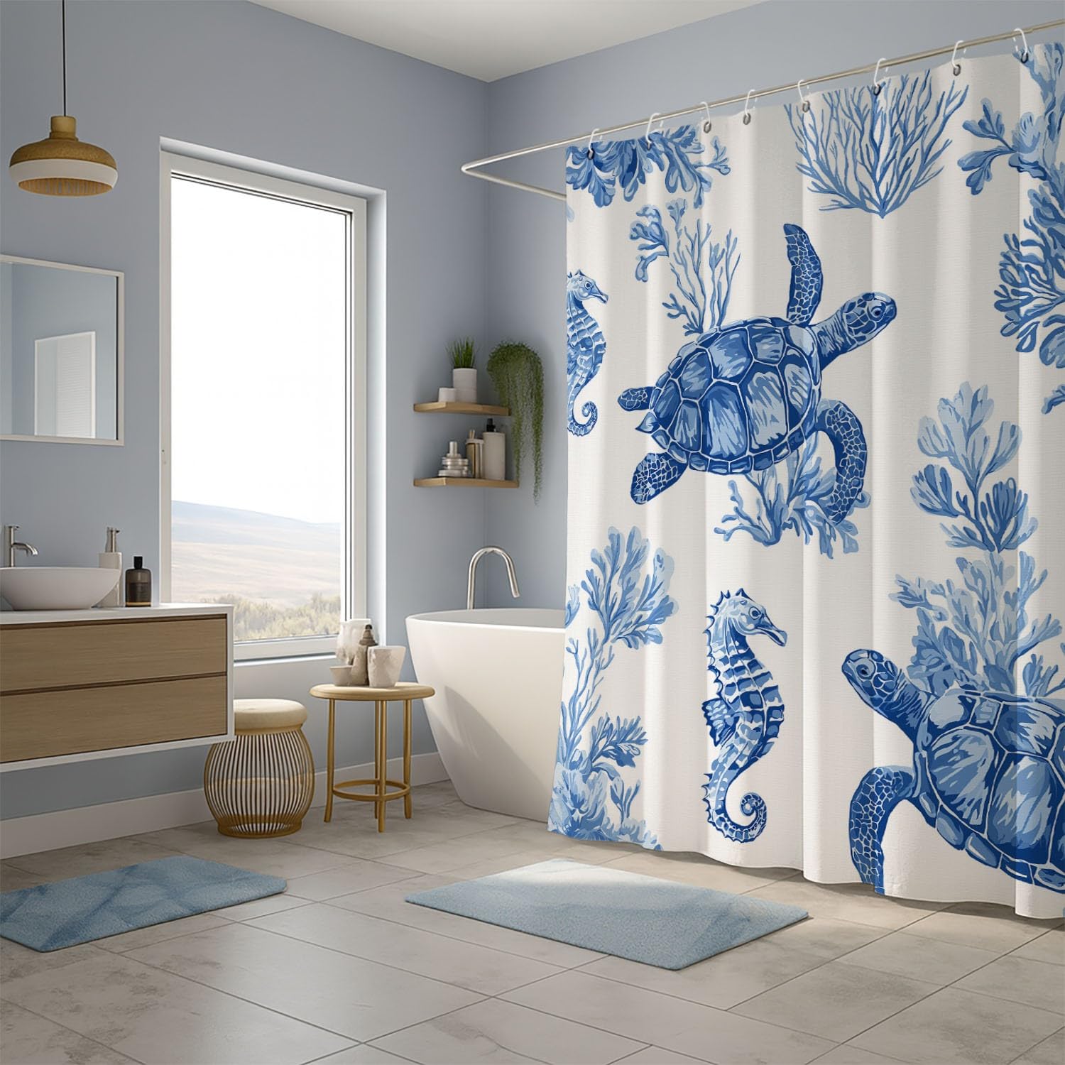 Generico Fantasia Tenda Da Doccia Calmo Mondo sottomarino Blu Bianco, Tenda Da Doccia Per Bagno, Vasca Da Bagno, Tenda In Poliestere Impermeabile Con Ganci In Plastica, 180 x 180 cm