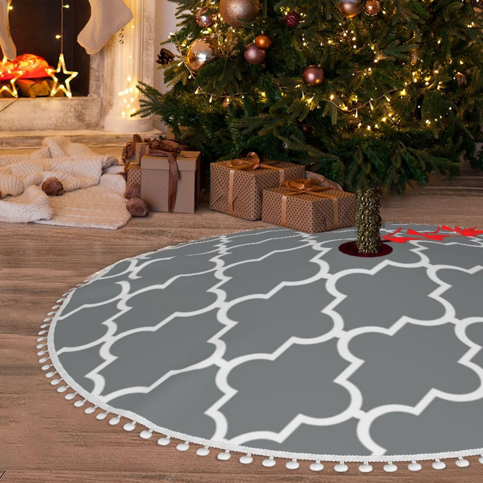 Tapis de sapin de Noël en peluche douce grise 122 cm avec motif géométrique chic