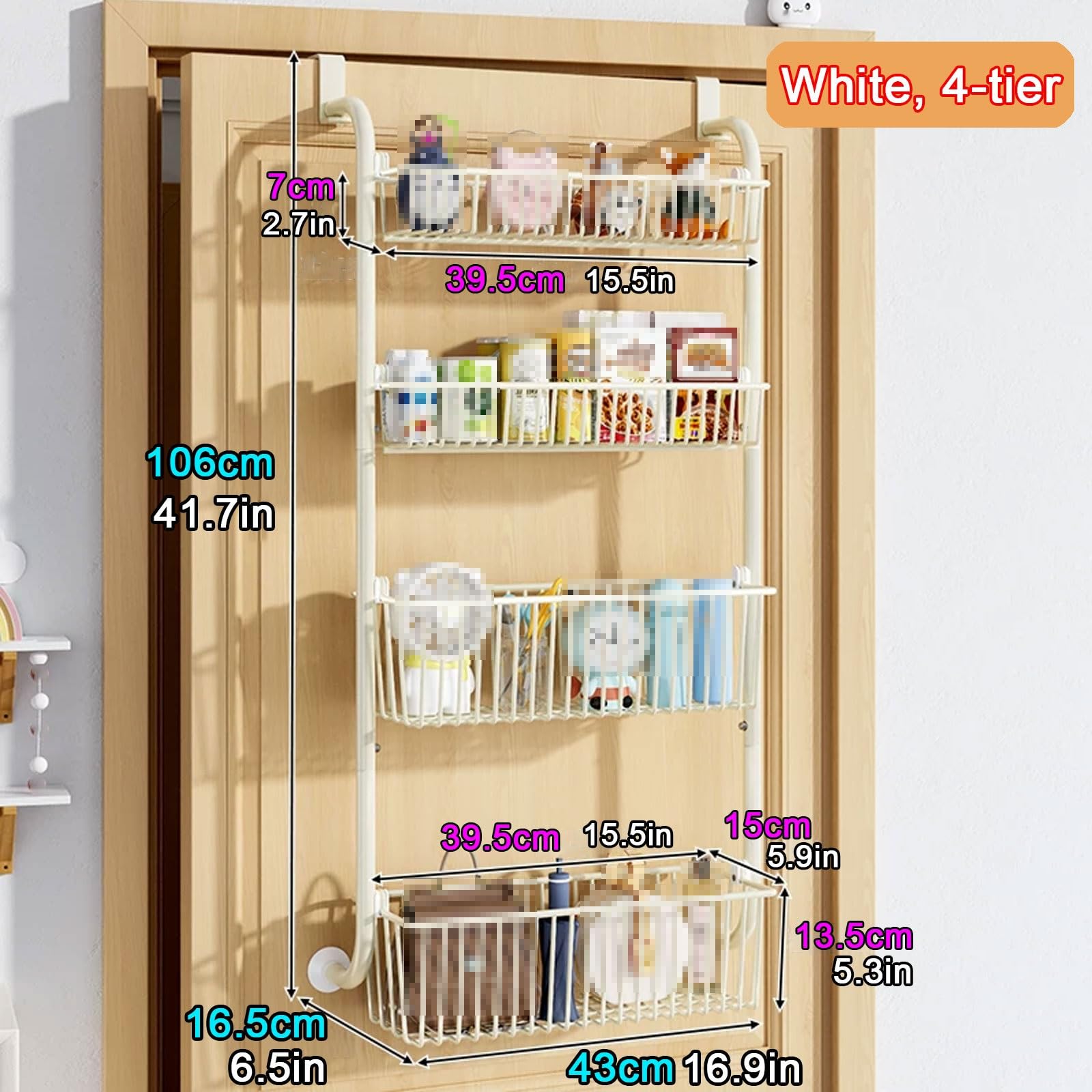 Wieszak Montowany Za Drzwiami Głębokość 3,9 Cala Konstrukcja Otwarta Półka Na Drzwiczki Łatwy Montaż Bez Konieczności Wiercenia Łatwe w Czyszczeniu(White,4-tier106*16.5 * 43cm)