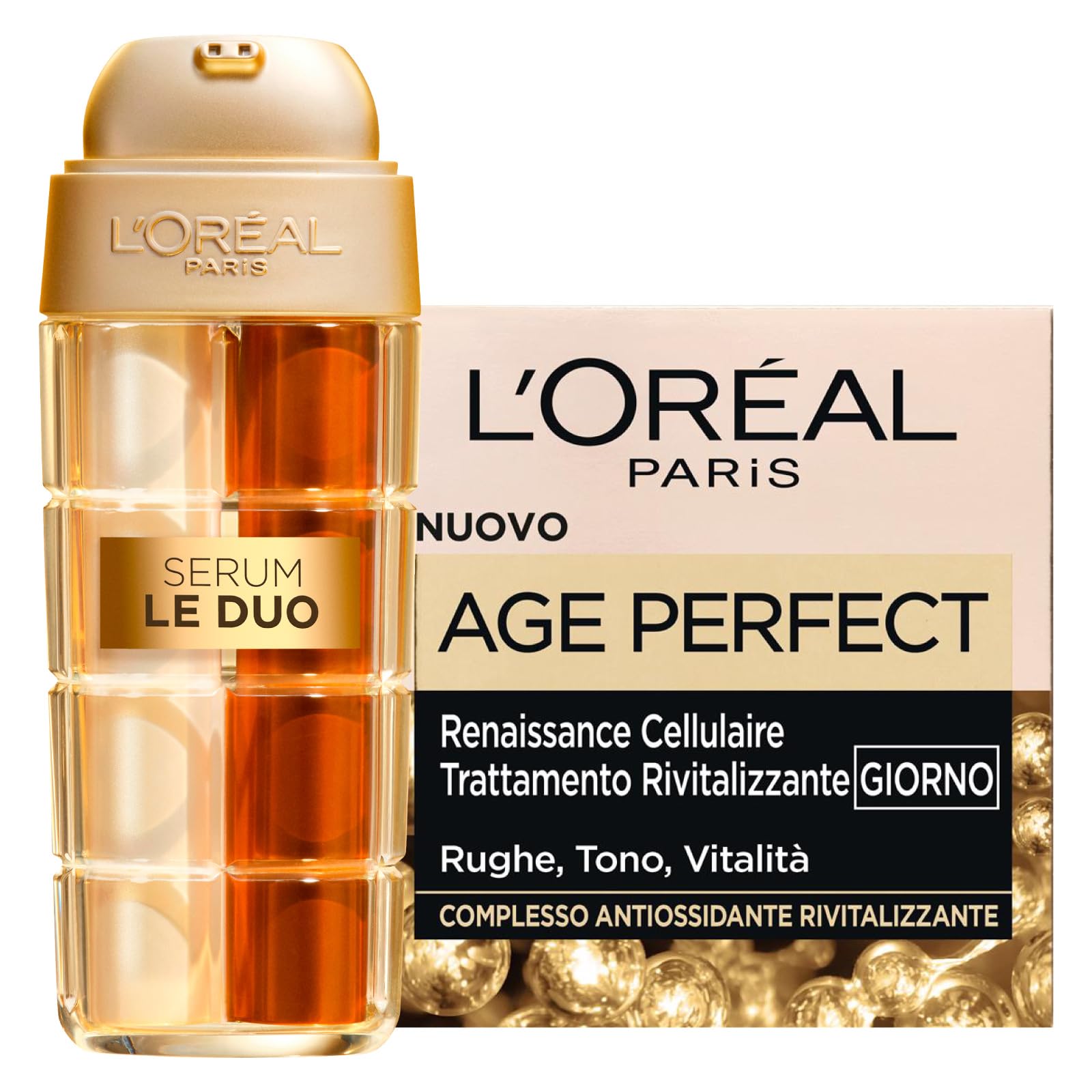 L'Oréal Paris Age Perfect Siero Anti-età Le Duo Rassodante Illuminante con Collagene Vitamine C B3 30ml + Age Perfect Renaissance Cellulaire Crema Viso Rivitalizzante con Vitamina E Neoespiridina 50ml