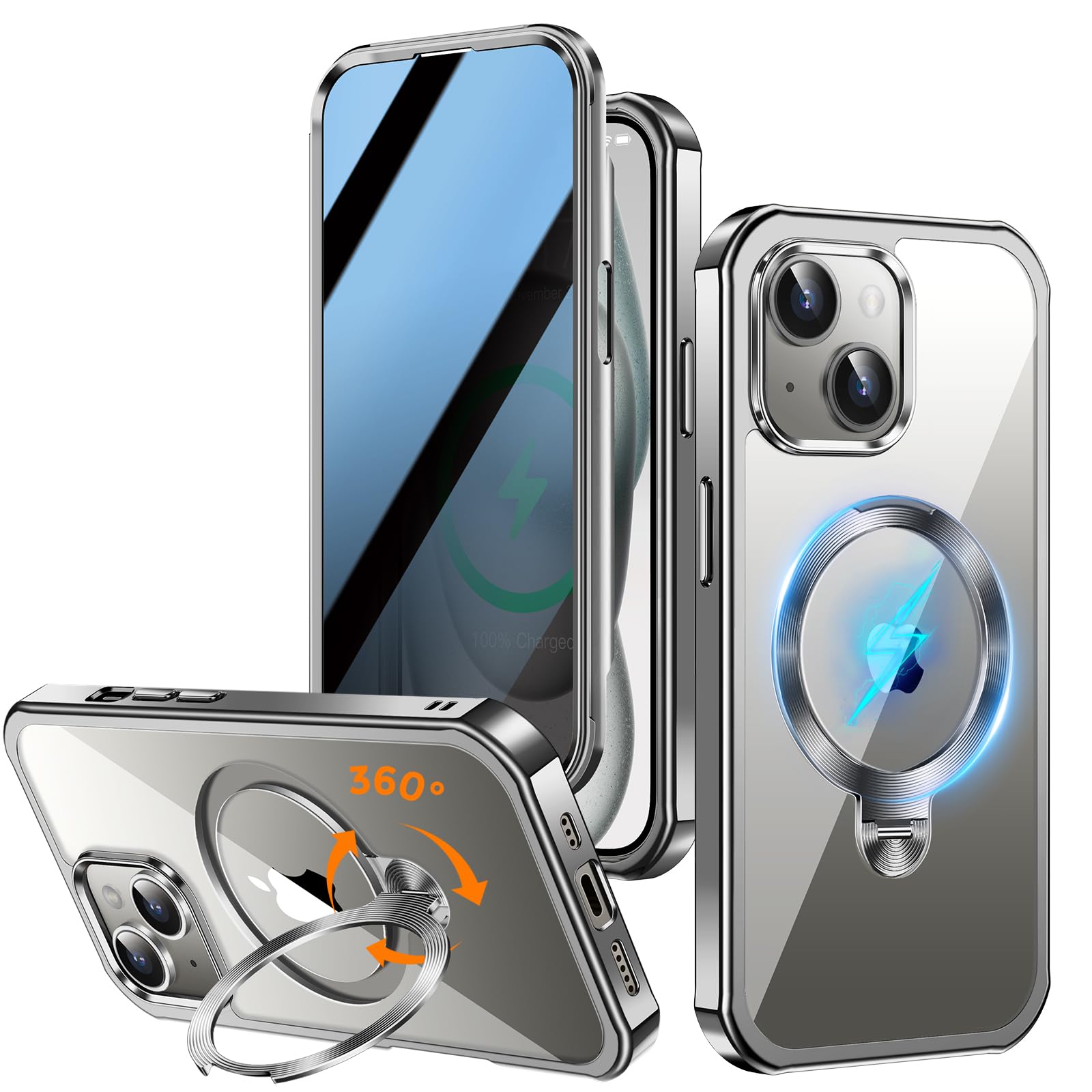 Upholyee [360° Rotatable CD Stand & Built-in Privacy Screen Magnetic Case for iPhone 15 [Compatible with MagSafe & Full Signal] Mil-Grade Shockproof