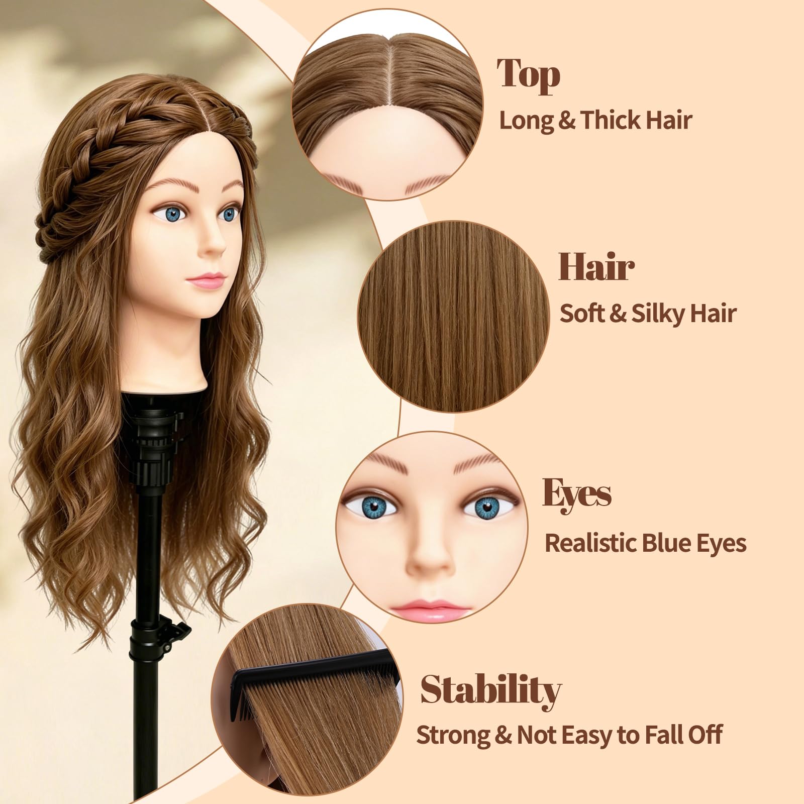 Yofuly 20Zoll/50cm Frisierkopf, 100% Echthaar Übungskopf, Frisieren Trainingsköpfe Puppenkopf Friseur Mannequinkopf mit Tischklemme + DIY-Zopfset (Braun)