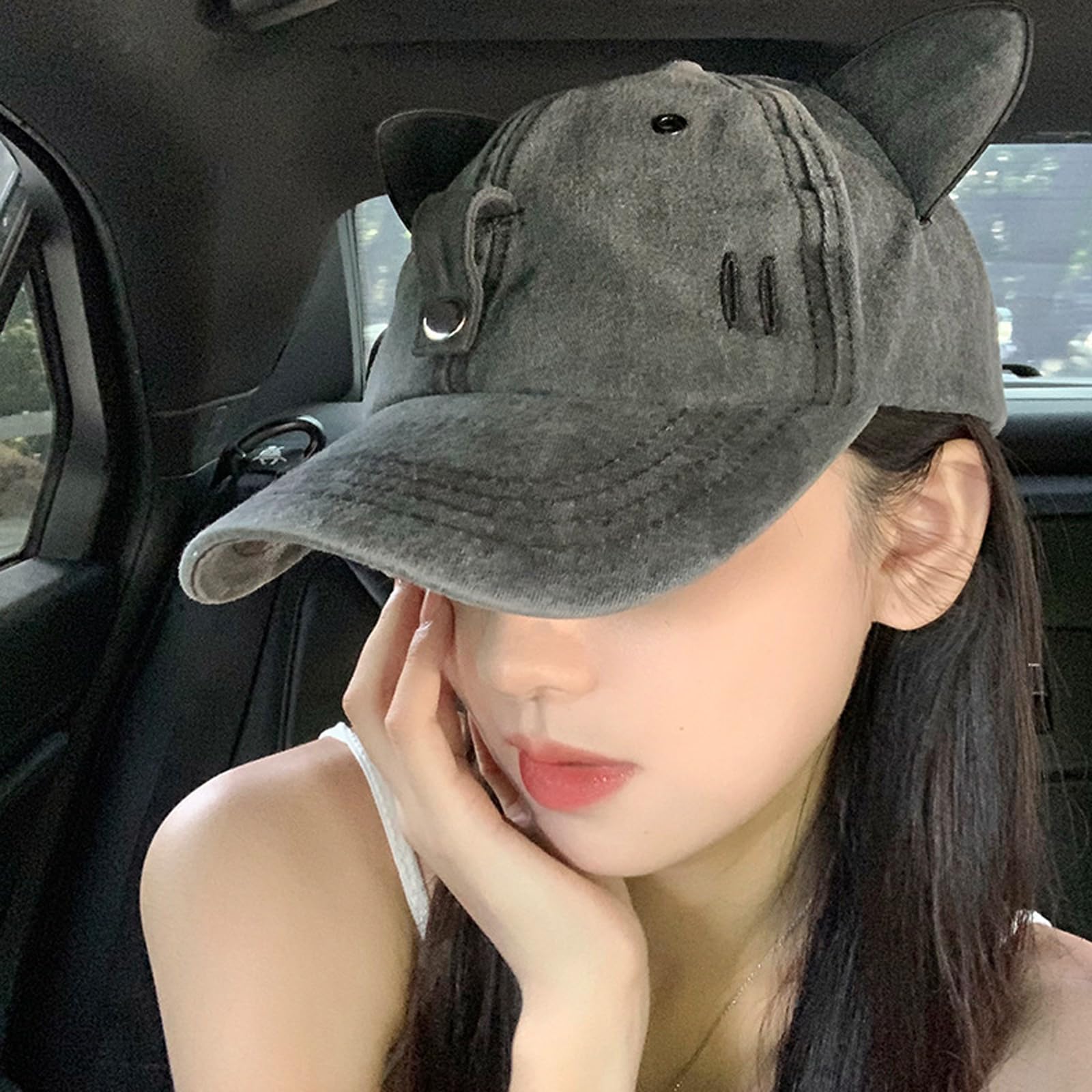 Cappello da Camionista Y2K con Orecchie di Gatto con Occhiali da Sole Staccabili, Berretto da Baseball Regolabile Vintage Lavato Stile Pilota