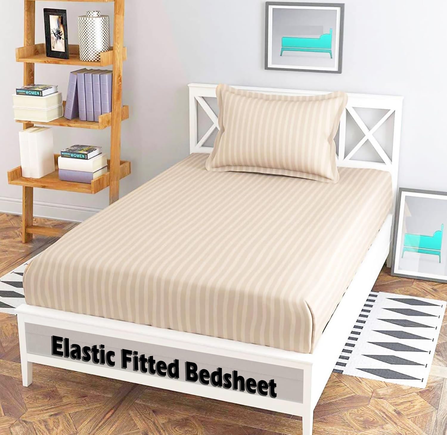 Satin Stripes Elastic Fitted Bedsheet for Single Bed (48 x 78 x 8 Inches) fits Upto 8 inch Mattress, with 1 Pillow Cover (Cream)-image-13