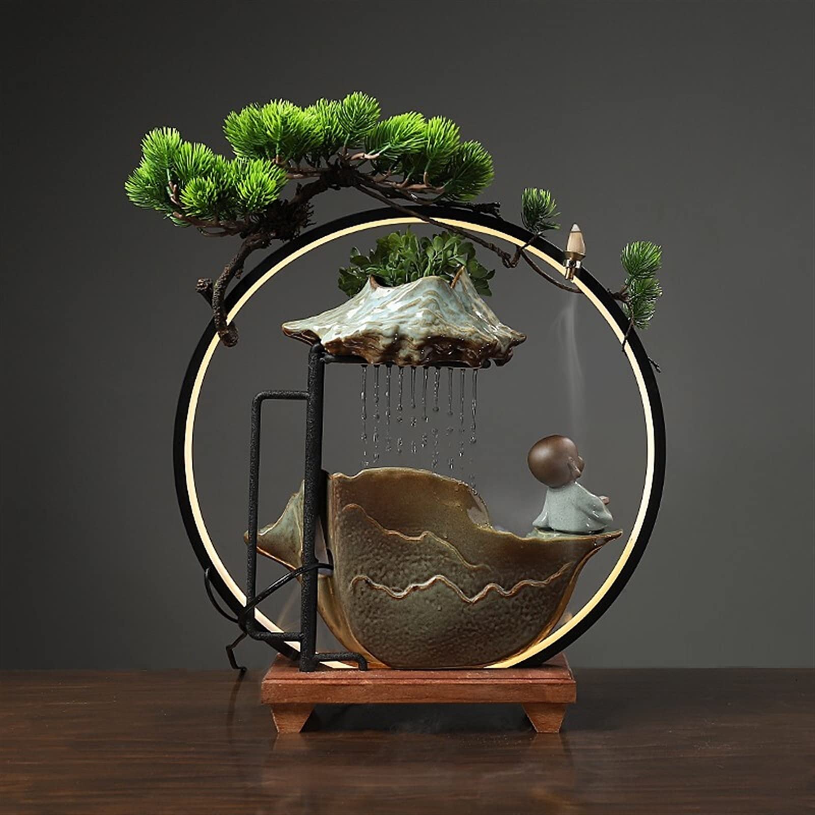 Fontaine d'intérieur de relaxation pour bureau, cascade de méditation zen avec pompe et brume d'eau, cascade lumineuse pour la maison, le bureau, la chambre à coucher, la décoration de table W