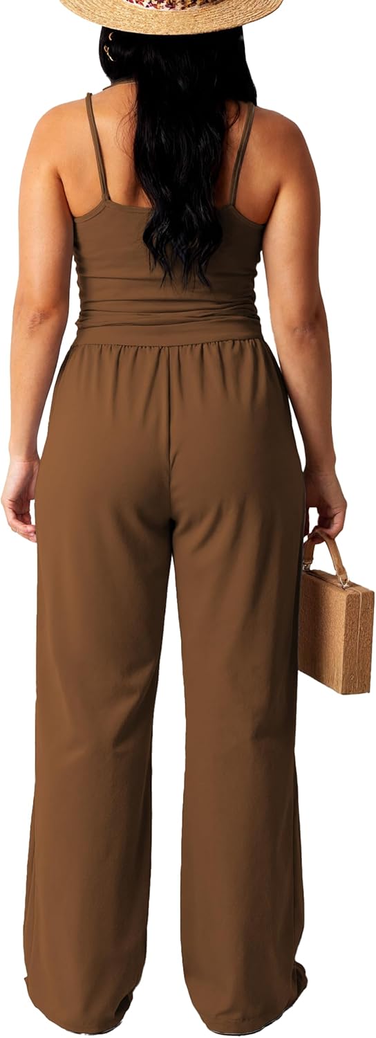 HBQ Women's 2 Piece Sets Casual Spaghetti Strap Top Wide Leg Pants Vacation Lounge Matching Outfits - Image 5