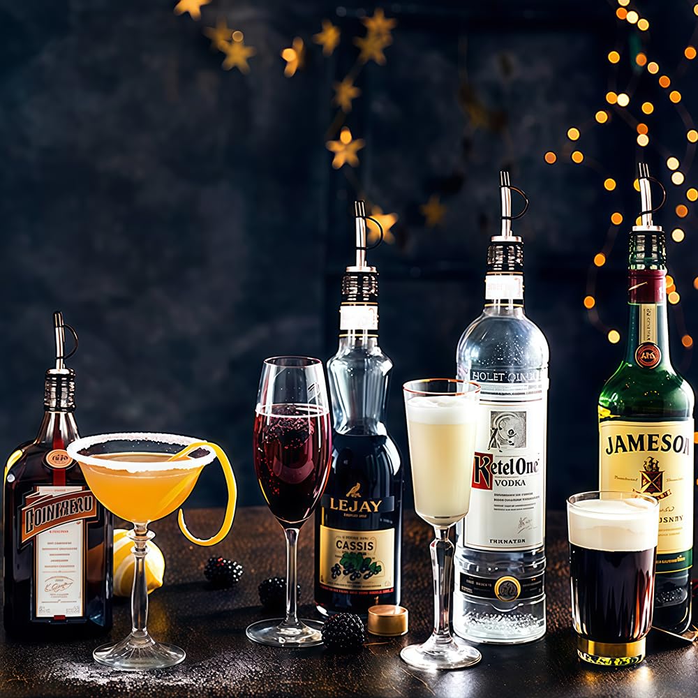 Paquete de 12 vertedores de vino con tapa antipolvo a prueba de fugas, vertedores de botellas de acero inoxidable para alcohol, aceite de oliva y jarabes, vertido rápido, controlado 7