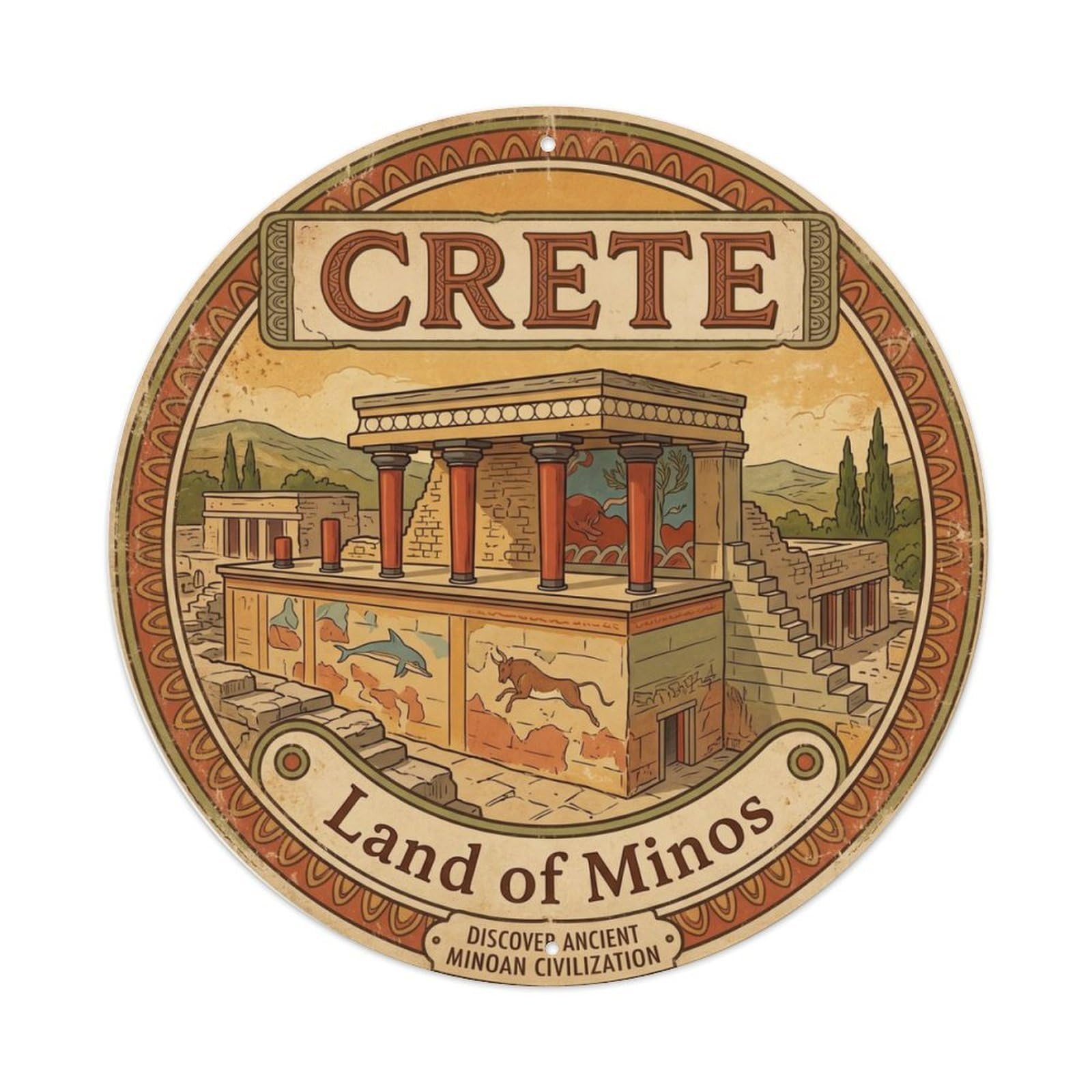 Vintage Travel Knossos Palace Crete Metal Tin Sign Plaque Wall Decor for Cafe, Club, Garden Round Metal Poster 8x8Inch