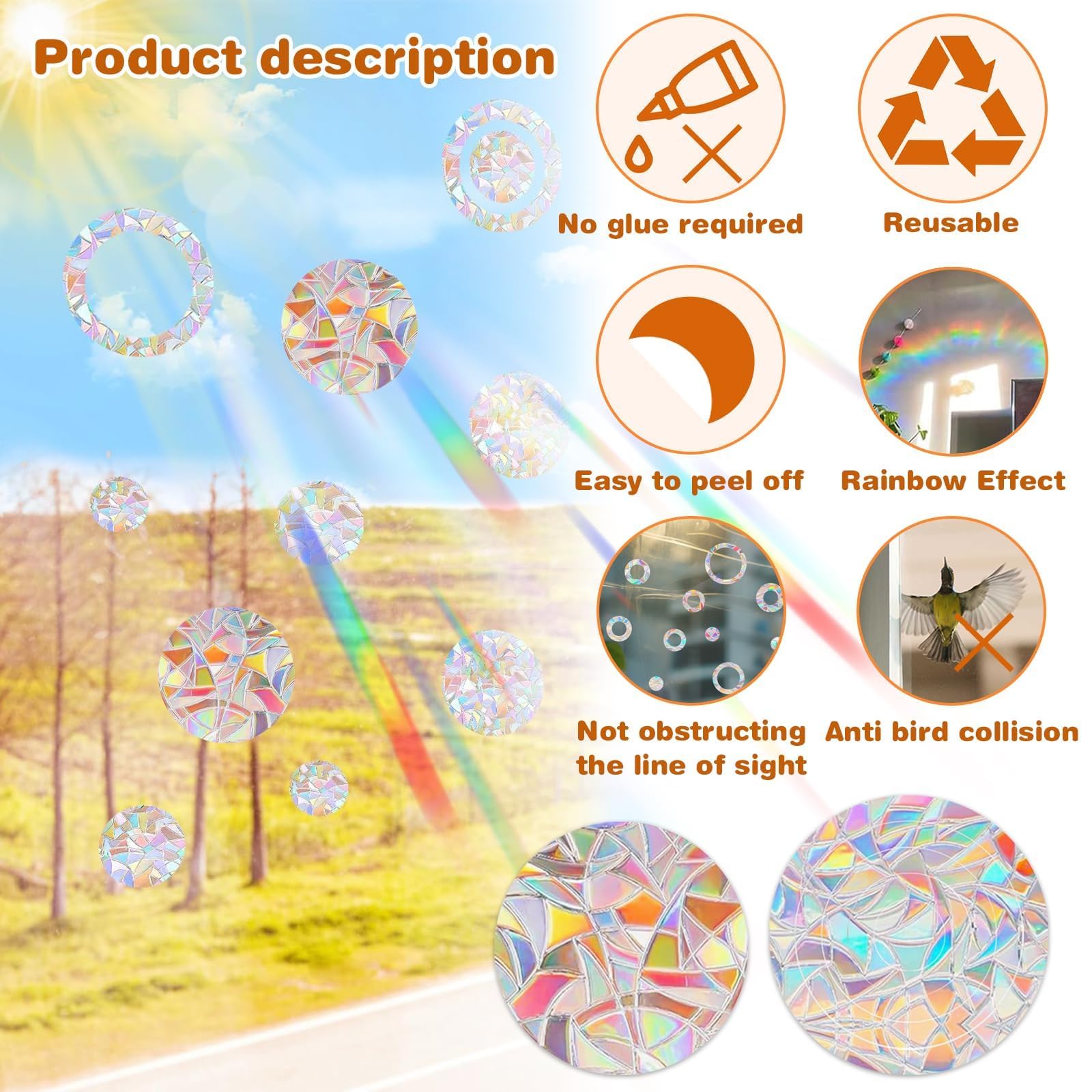 OioTuyi Prisma raamstickers: Suncatcher stickers, regenboog raamfolie, vogelbescherming anti-botsing, elektrostatische onzichtbare raamstickers, decoratie, 39 stuks