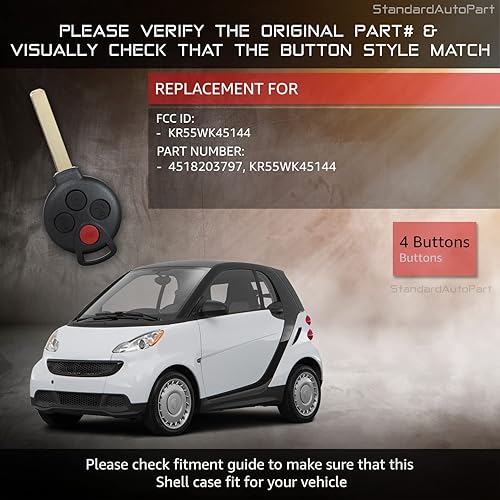 Miniatura 5 de StandardAutoPart Llave de cabeza remota de 4 botones compatible con Mercedes Benz Smart Fortwo (2008-2015) KR55WK45144 (carcasa de carcasa)