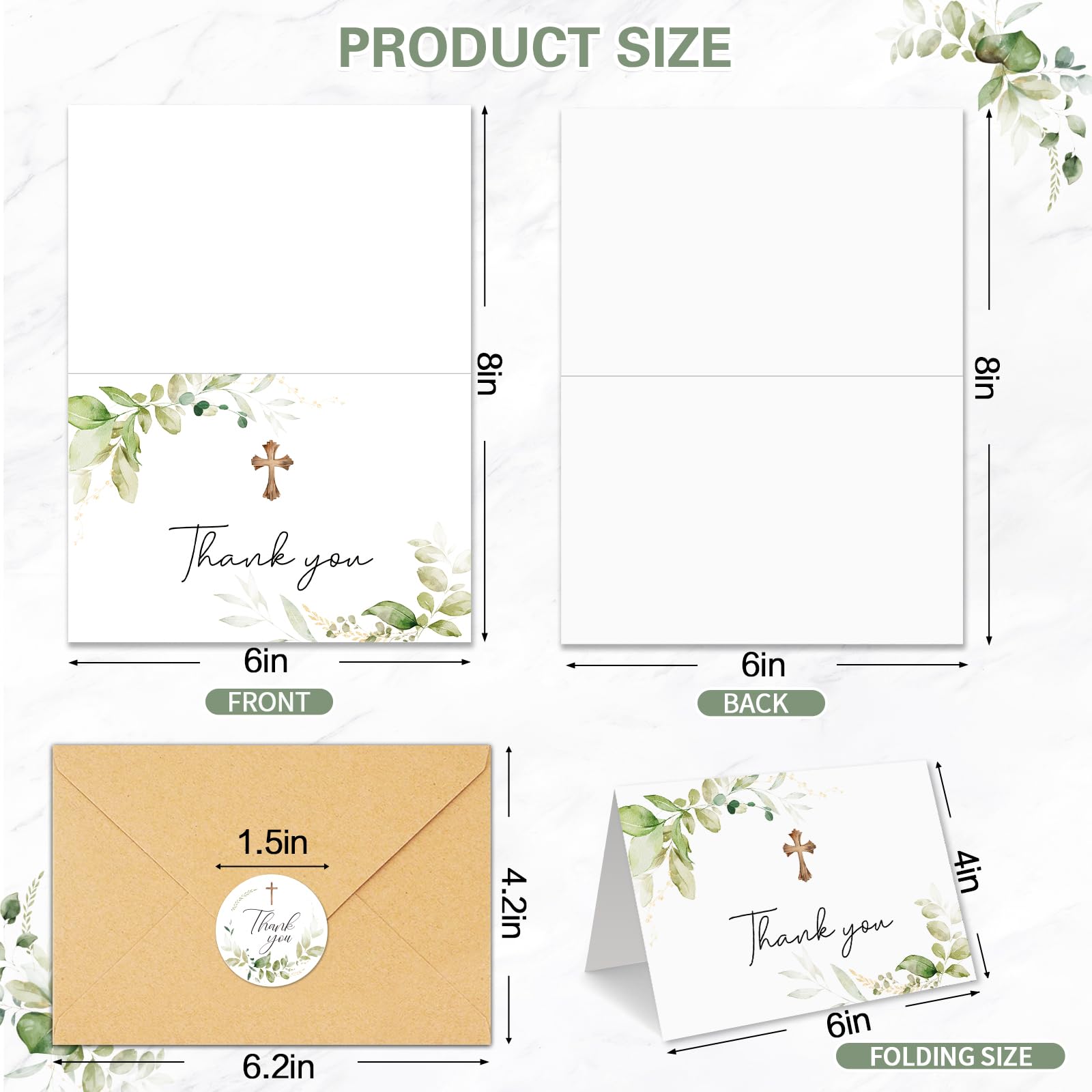 25 tarjetas de agradecimiento con sobres, 5 diseños de cruz verde en acuarela de 4 x 6 pulgadas, tarjeta de agradecimiento interior en blanco para bautizo a granel, boda, comunión, funeral,