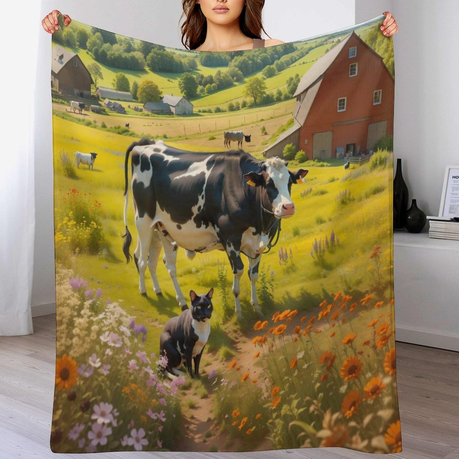 Couverture polaire imprimé vache en peluche douce haut de gamme