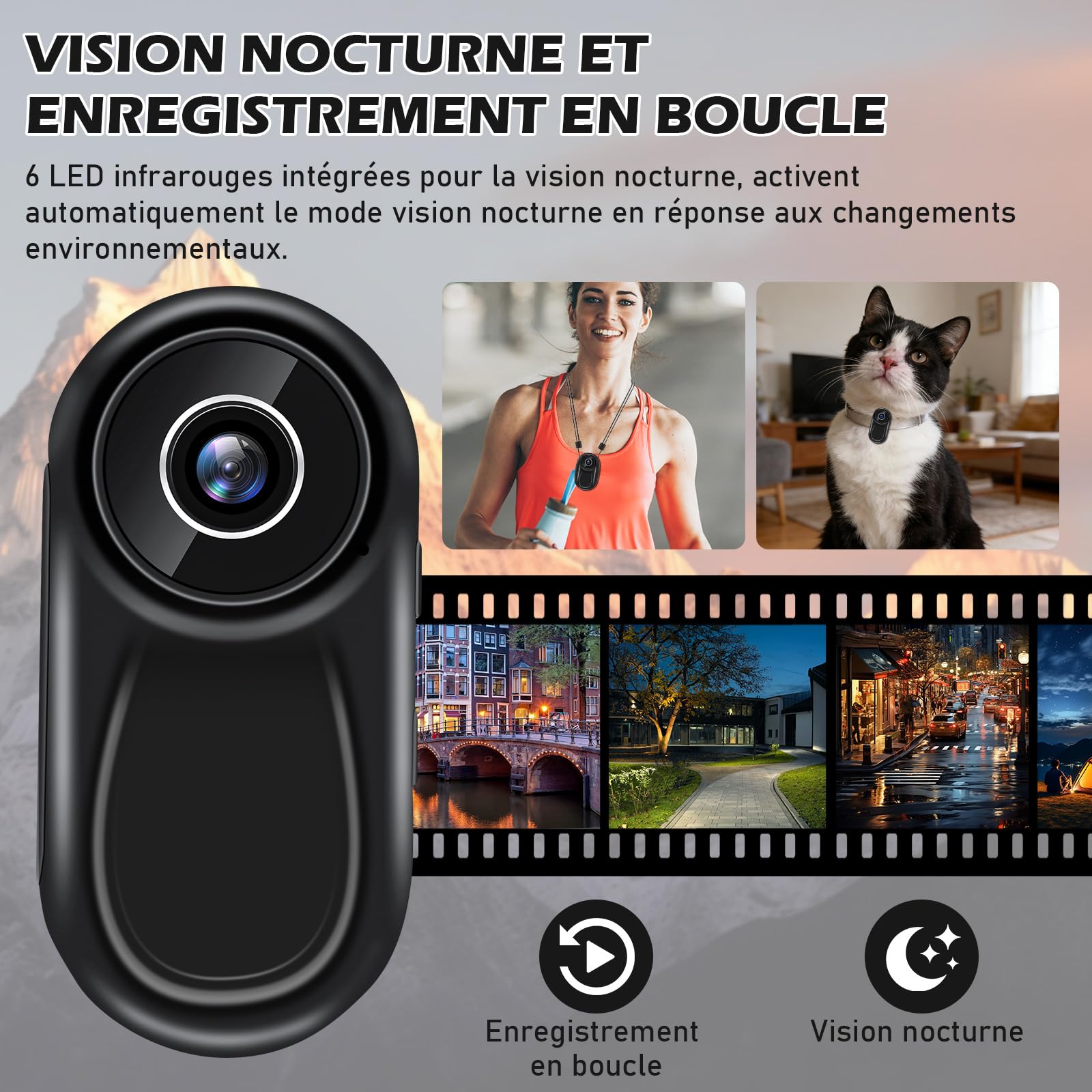 Caméra pour Moto, Mini Caméra d'action, Caméra Sportive POV à 120° | 28 g avec écran, fixation magnétique, autonomie de 2 heures, carte SD jusqu'à 256 Go, pour vélo, caméra de casque