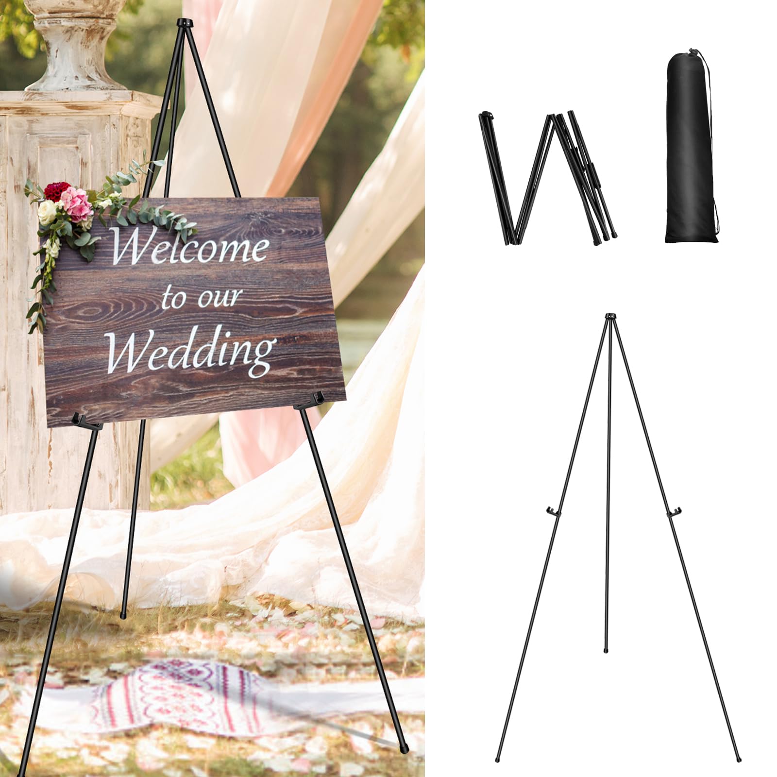 Folding Easels for Wedding Display Welcome Sign Stand 160CM Metal Floor Portable Easel with Bag and Non-Slip Mats Foldable Large Painting Contracted Design Collapsible Art Tripod(Black)