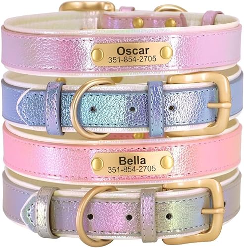 KINYABLUE Collar de perro de cuero personalizado, collares de perro personalizados con placa de identificación grabable, collar de perro rosa suave