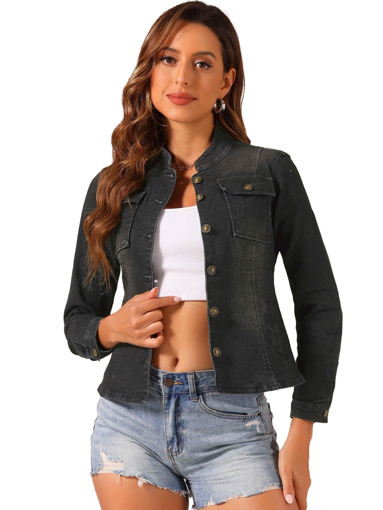 Allegra K Casual Denim Jacket for Women's Classic Stand Collar Long Sleeve Jean Jacket