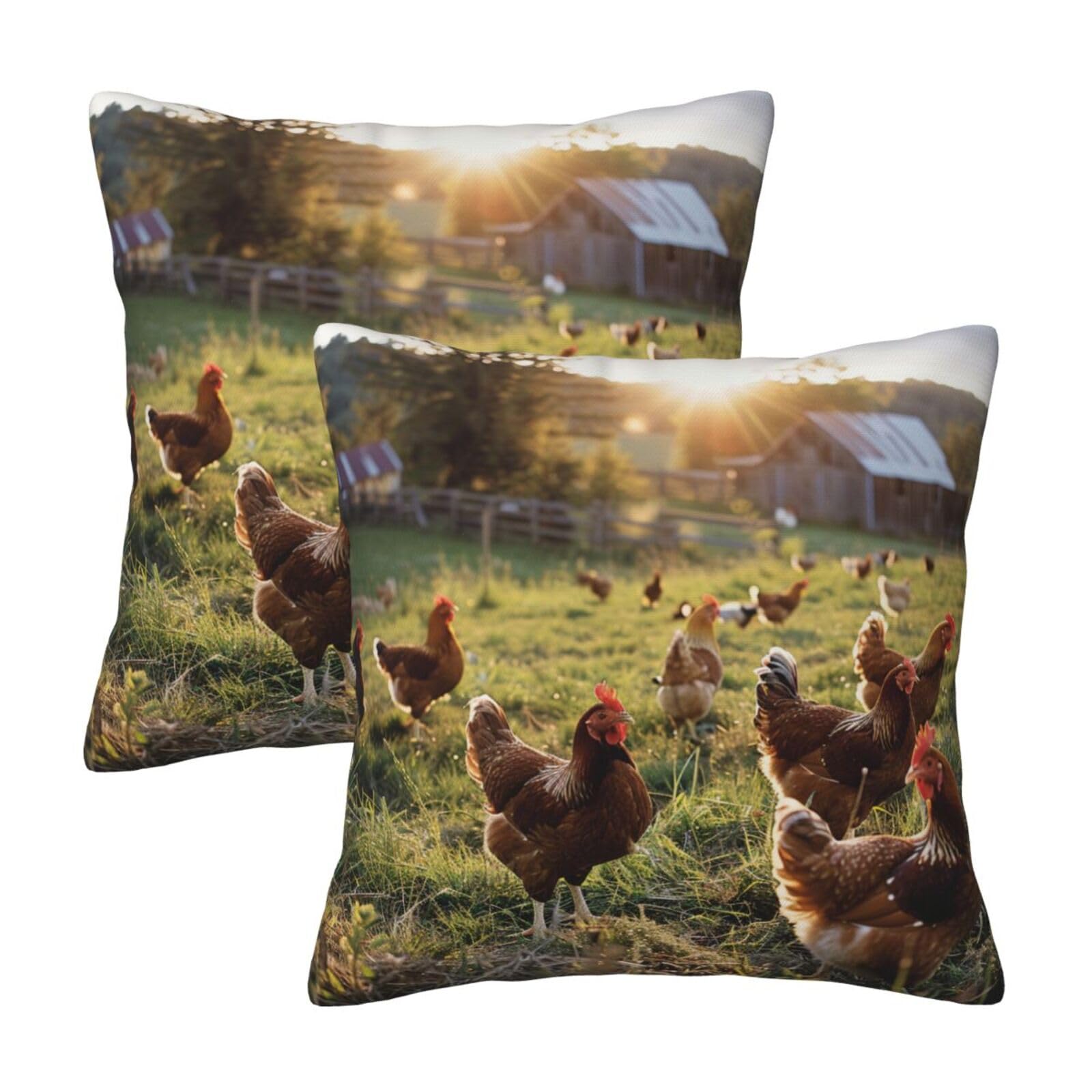 kkvhhyuo Chickens and Farm Print Pillow Covers Set of 2, Square Decorative Cushion Covers with Hidden Zipper, Throw Pillow Cases for Living Room Sofa Bed Chair, 45x45 cm