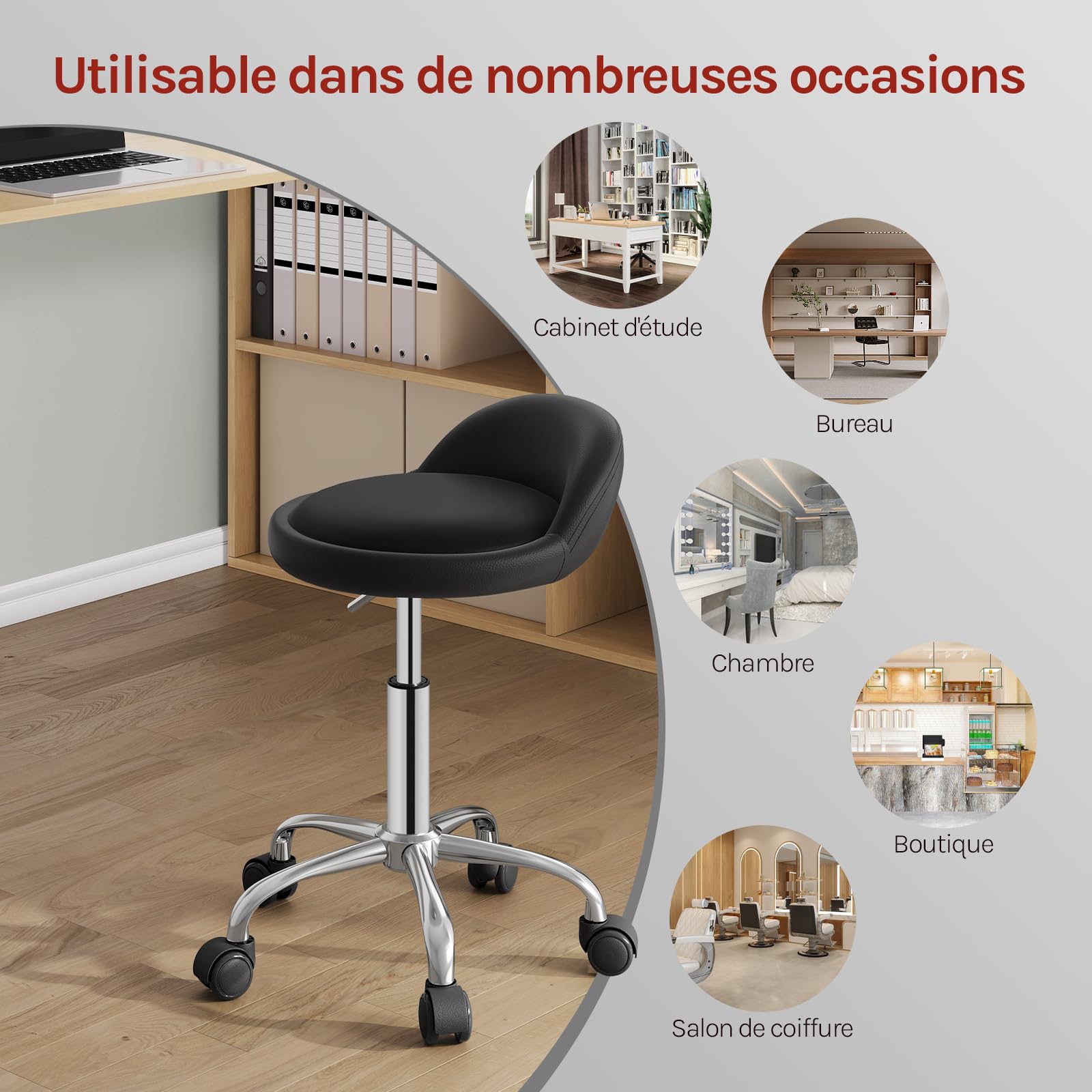 WOLTU Tabouret de Bureau Pivotant 360° Réglable en Hauteur, PU, Noir