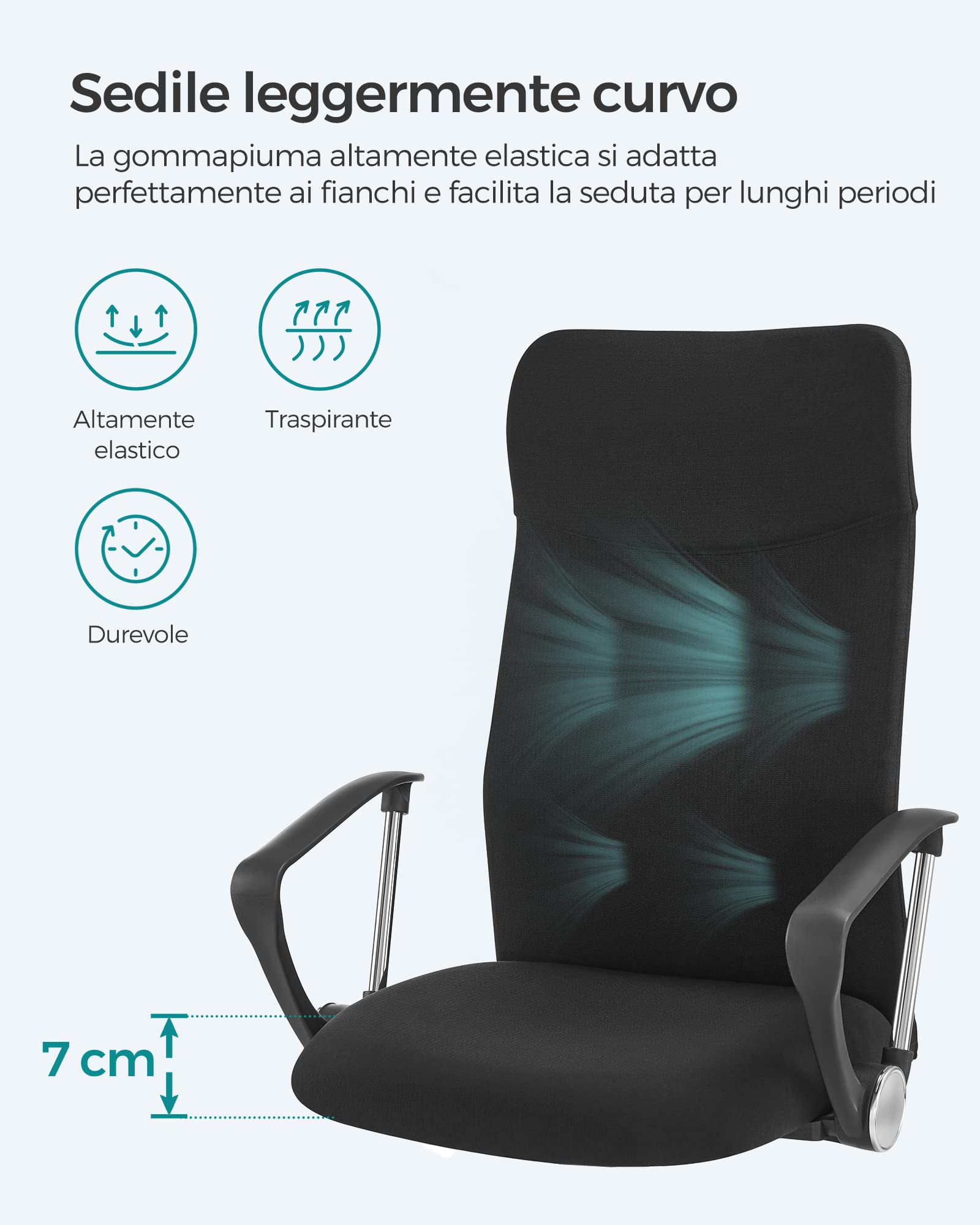 SONGMICS Sedia da Ufficio, Sedia da Scrivania Ergonomica, Girevole, Seduta Imbottito, Regolabile in Altezza e Inclinabile, Portata di 120 kg, Nero OBN034B01