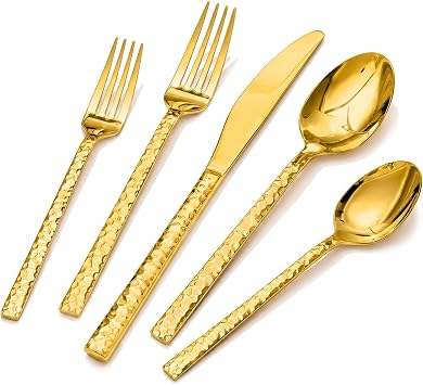 20 Piece Gold Silverware Set, 18/10 Stainless Steel Hammered Flatware for 4