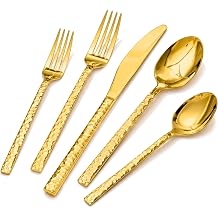 KINGSTONE 20 Piece Gold Silverware Set, Hammered Silverware Set for 4, 18/10 Stainless Steel Flatware Includes Fork Spoon Knife, Cutlery Utensil Set for Party, Wedding, Mirror Polished Dishwasher Safe