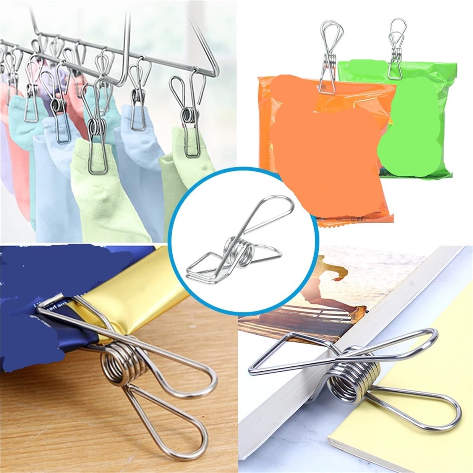100 pezzi Mollette for bucato in acciaio inossidabile color argento for uso domestico, mollette for, spilli da appendere per Abbigliamento(L)