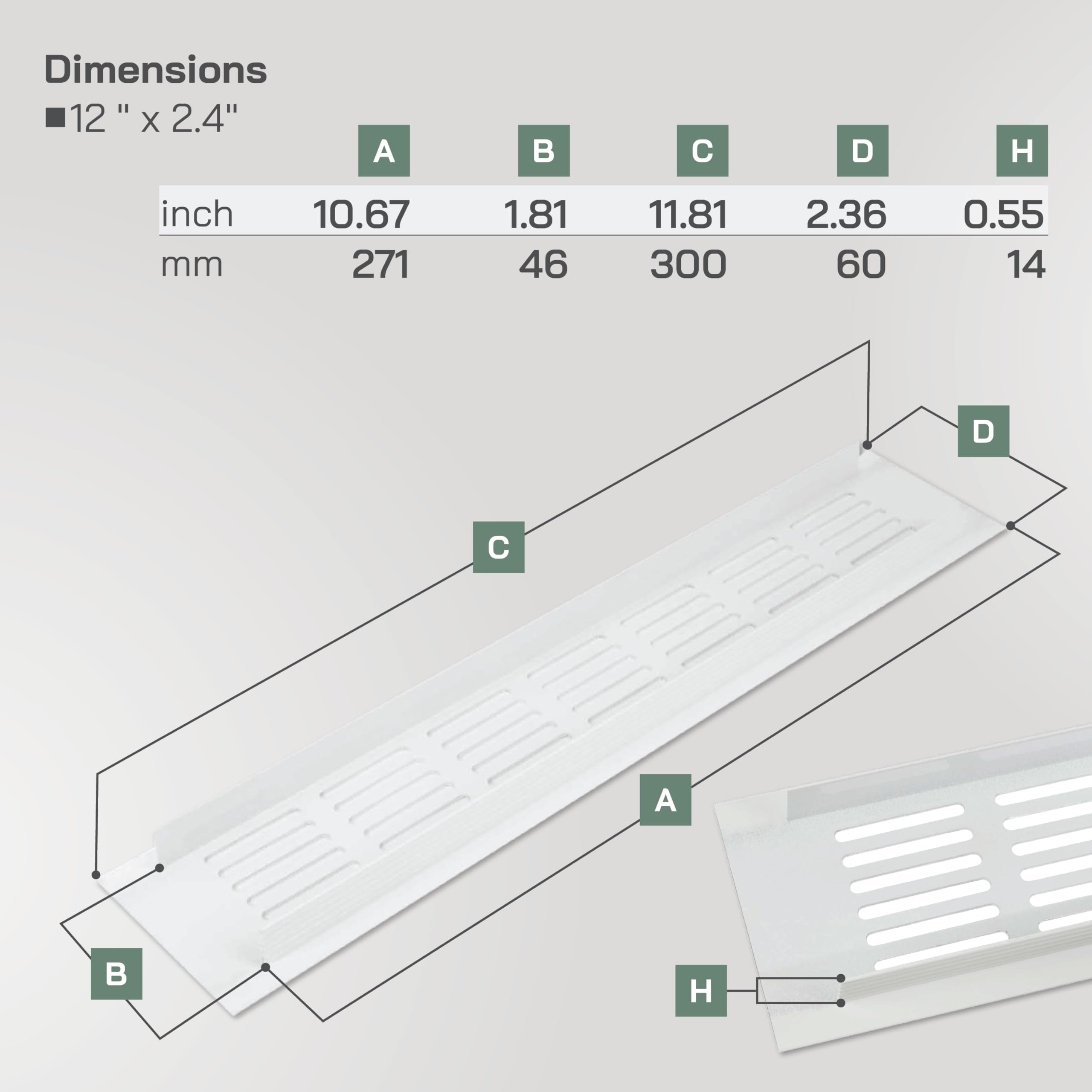 Vent Systems 60 x 300 mm – Lot de 2 grilles d'aération de porte en aluminium blanc – Pour meubles, couverture HVAC pour chauffage, refroidissement, évacuation d'air, grille d'aération pour l'intérieur