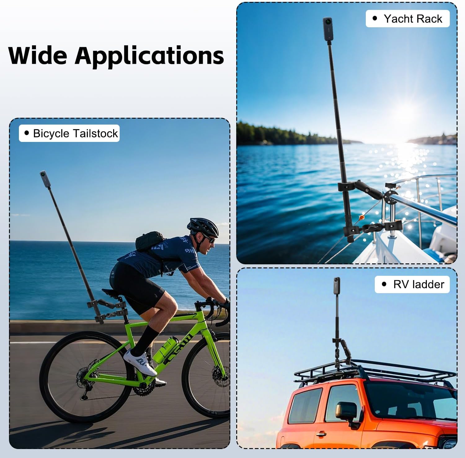 Motorcycle Camera Mount Kit Compatible for Insta360 X5-X Double Clamp with 47”Invisible Selfie Stick Bike Handlebar Holder Compatible with DJI Osmo Nano 360 Action Camera Cycling Video Boat Utv