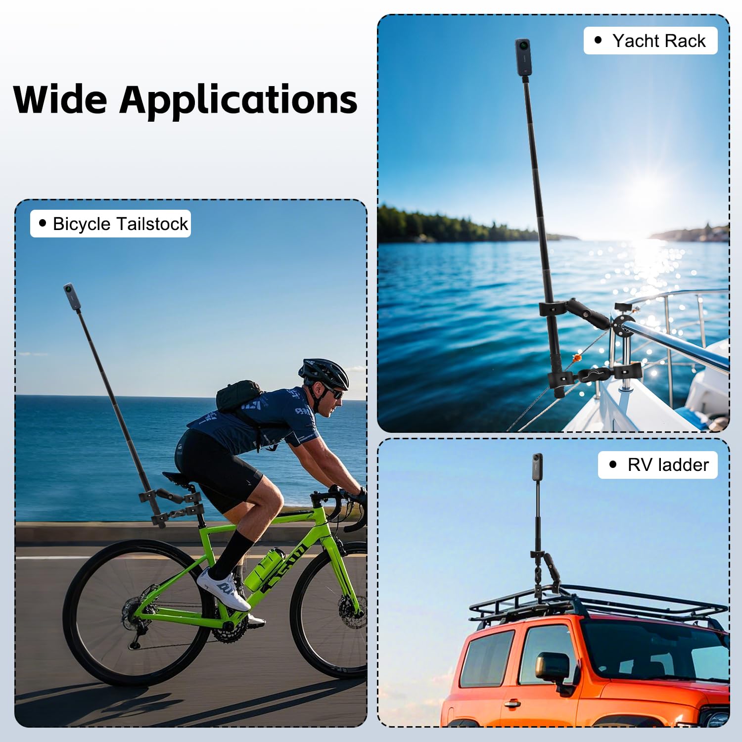 Motocicleta Cámara Monte Kit Compatible con Insta360 X5-X Doble Abrazadera Monte con 47" Invisible Palo con Osmo 360 Osmo Nano,Motocicleta Bicicleta Manillar Montar Compatible con GoPro 12-3