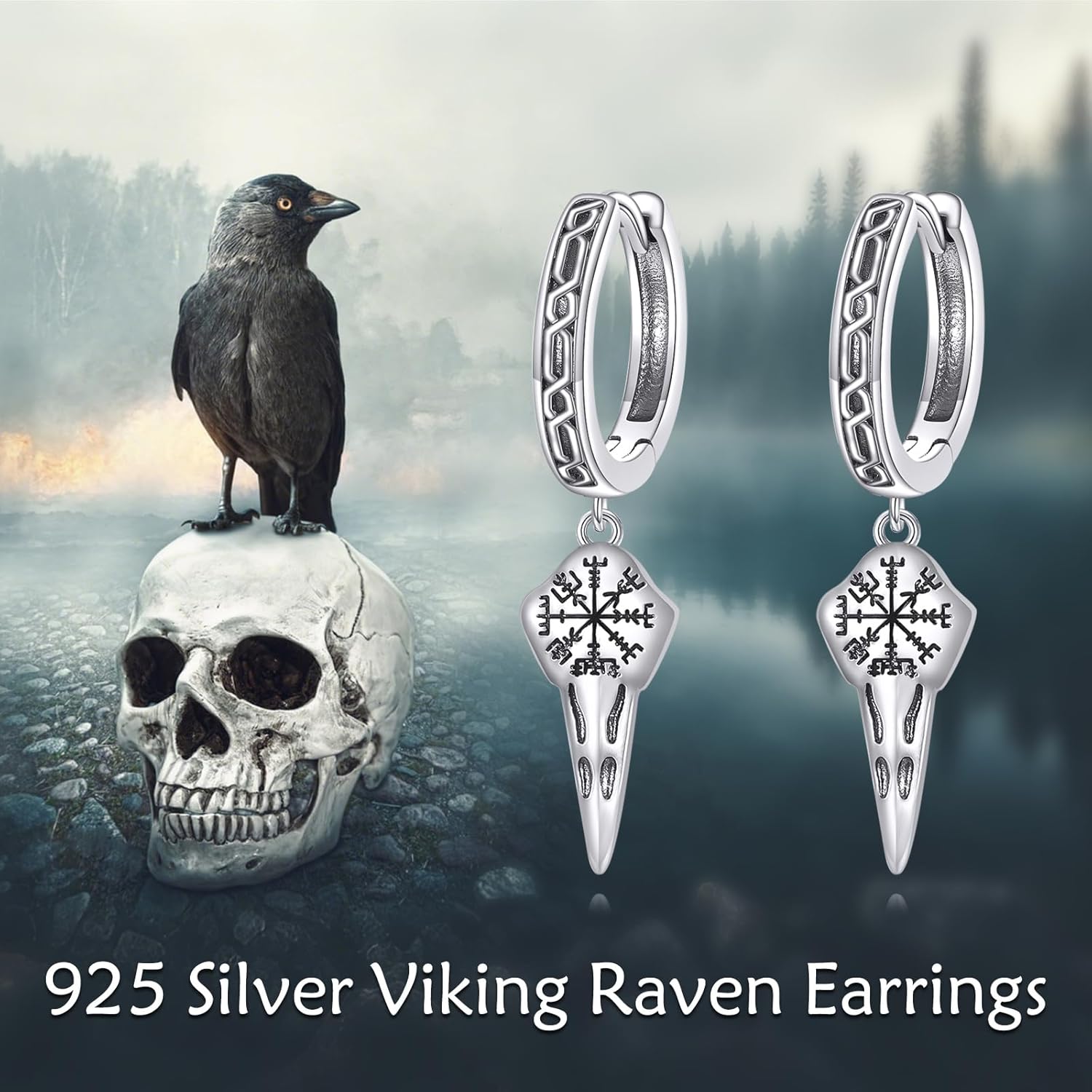 Viking Raven Hoop Earrings for Men Women S925 Sterling Silver Norse Viking Runes Jewelry Gifts - Image 4
