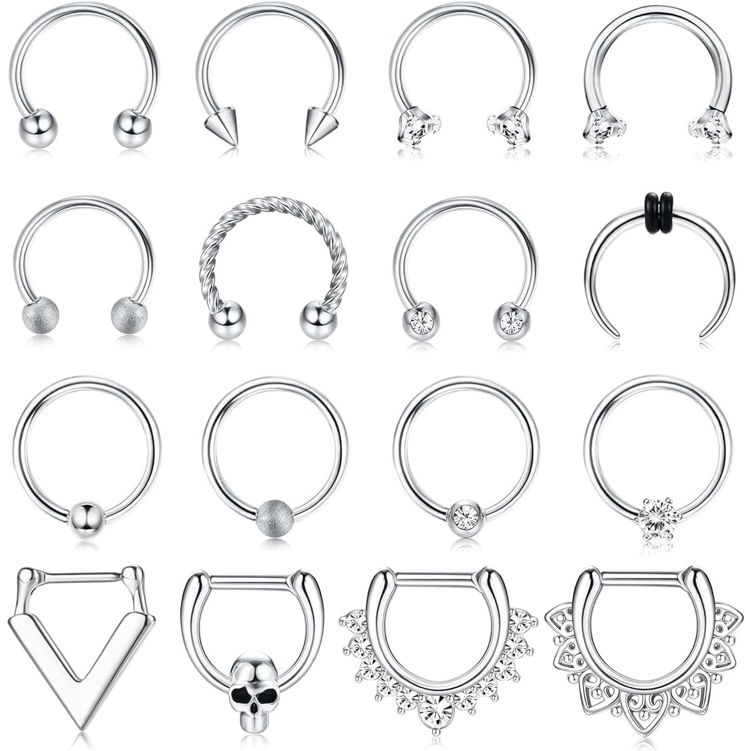 JeweBella 16PCS 16G Piercing Nariz Acero Quirurgico Septum Piercing Oreja Cartílago Pendientes de Aro Mujeres CZ Piercing Naso Anello Plata Labio Concha Daith Helix Tragus Piercing Joyería