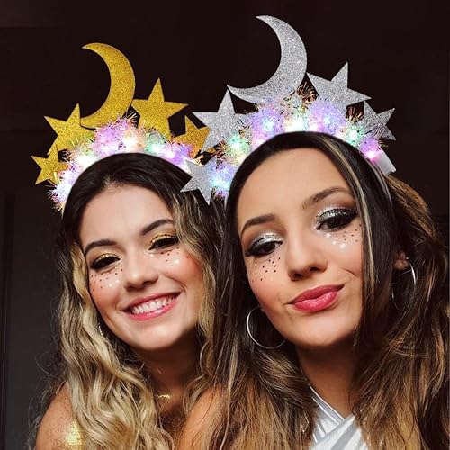 Miniatura 4 de Diadema de estrella iluminada, luna, estrellas, diadema celestial, diadema de oropel para fiesta de disfraces, accesorios para el cabello (B-dorado)