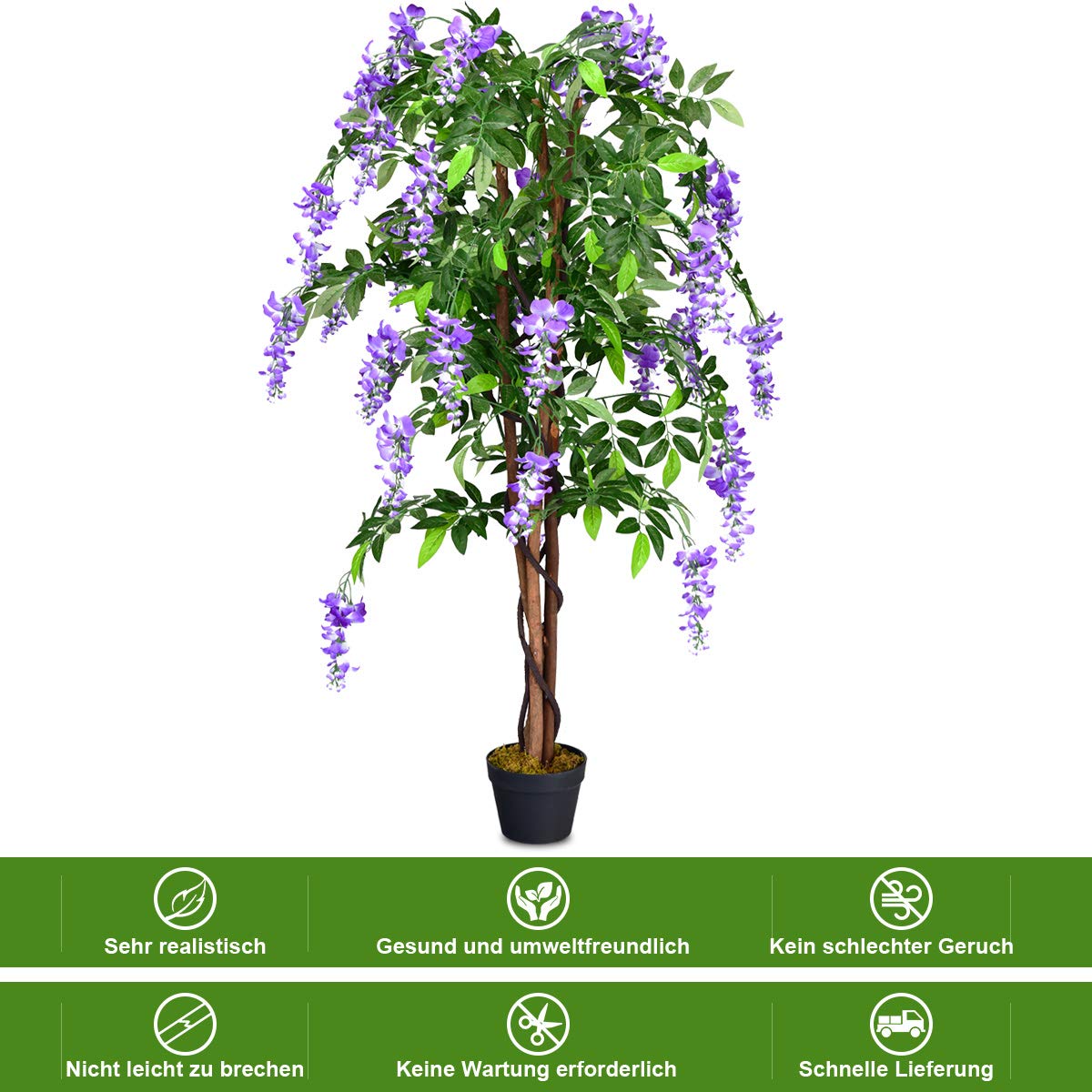 COSTWAY Kunstbaum mit Blüten, Kunstpflanze im Topf, Zimmerpflanze mit natürlichen Blättern & 3 Stämmen, Künstlicher Baum Kunstblume Lila, Dekopflanze künstlich, Grünpflanze 150 cm