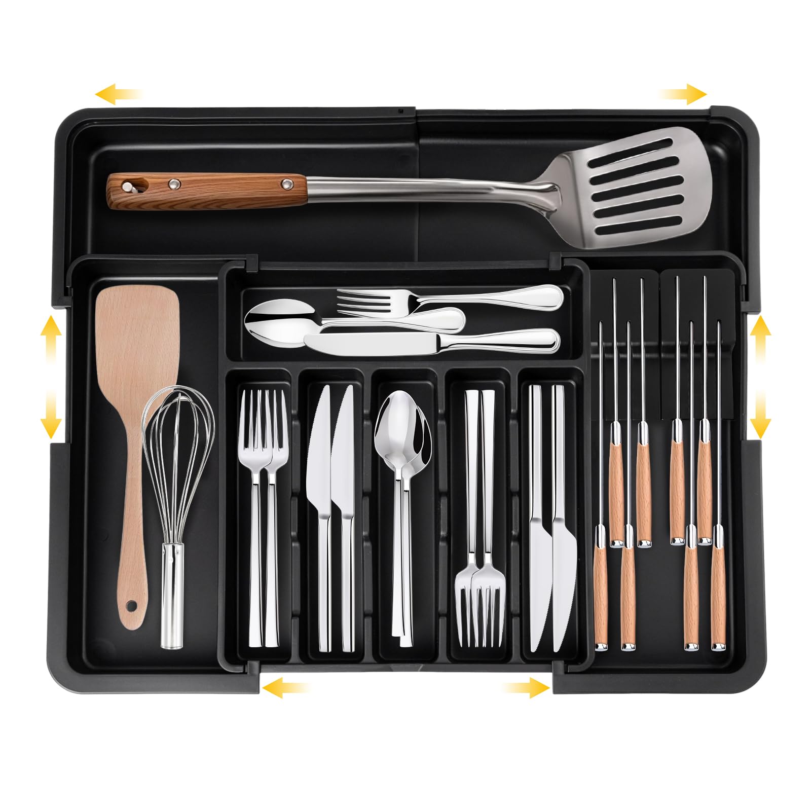 Besteckkasten für Schubladen 47 tief - Erweiterbarer Besteckschublade Einsatz mit 2 Abnehmbaren Messerblöcken, Organizer Küche Besteck in groß ausziehbar bis 56x48 cm, Küchenzubehör