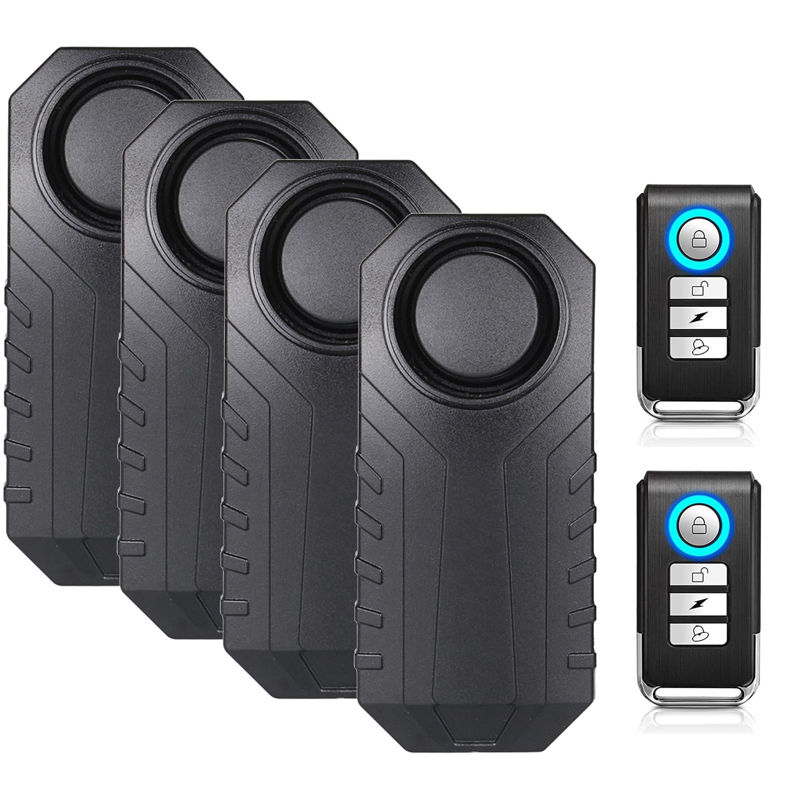 Mengshen Allarme per bicicletta da 113 dB, wireless, con sensore di movimento a vibrazione, impermeabile, con sistema di allarme di sicurezza remoto, per bici, scooter, auto (4 sensori con 2