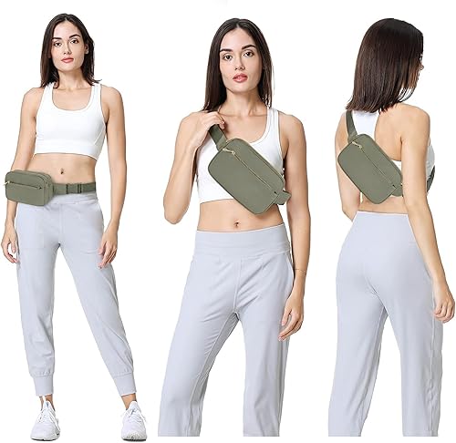 Miniatura 6 de Riñonera cruzada para mujeres y hombres, bolsa de cinturón de regalo para mujeres con correa ajustable para deportes, Verde caqui con 3 cremalleras,
