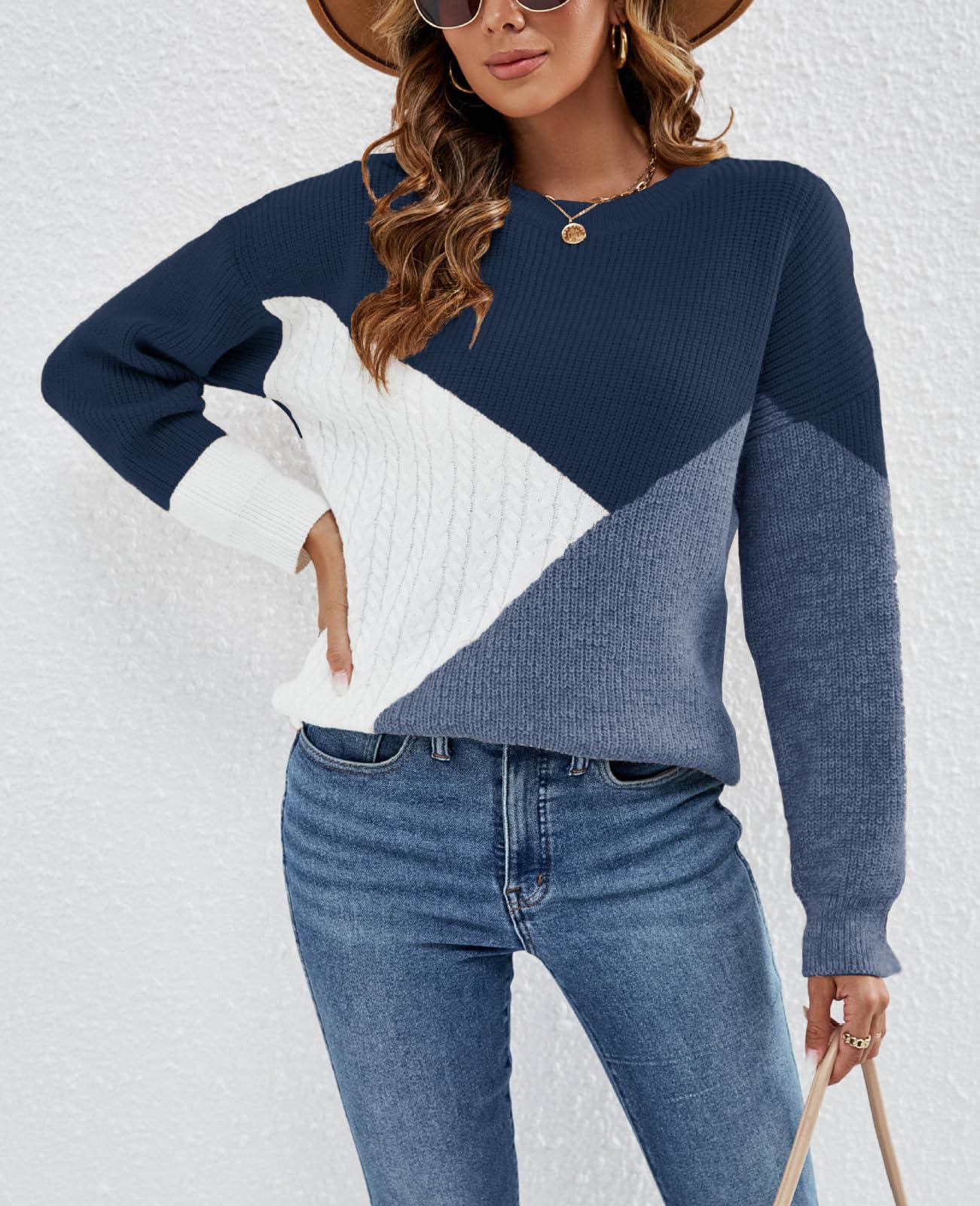 NLAND Maglione Donna Blocchi di Colore Pullover in Maglia Casual Autunnale Invernale Girocollo Colletto Rotondo Maglia Caldo a Manica Lunga Pullover Top
