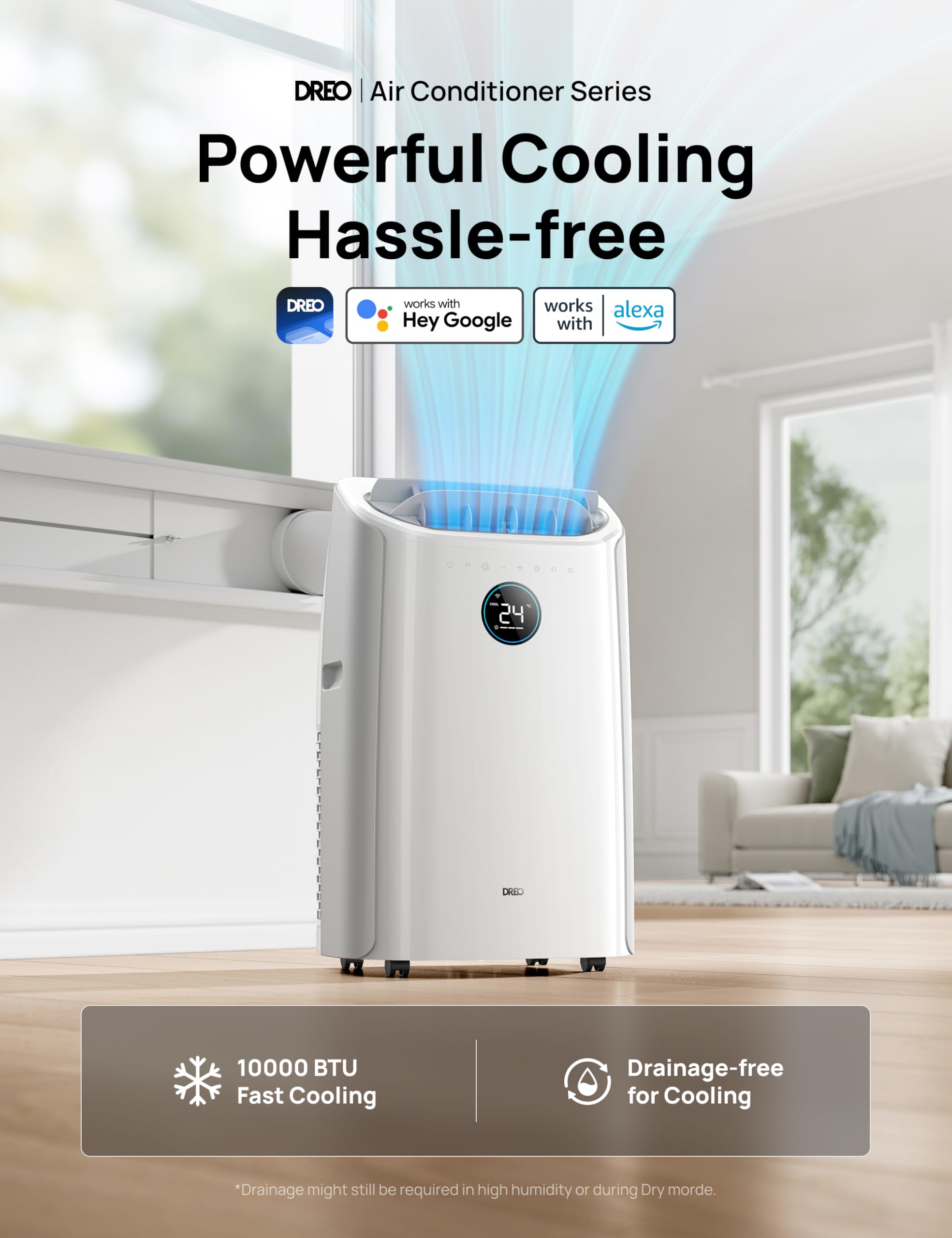 DREO climatiseur portable 10 000 BTU pour chambre, refroidissement efficace sans drainage, silencieux, contrôle par application et vocal, minuterie 24 h, ventilateur et déshumidificateur