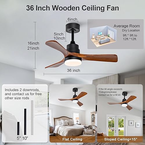Miniatura 3 de Ventiladores de techo para exteriores de 36 pulgadas con luces y control remoto, ventiladores de techo regulables de madera de 3 aspas para patios